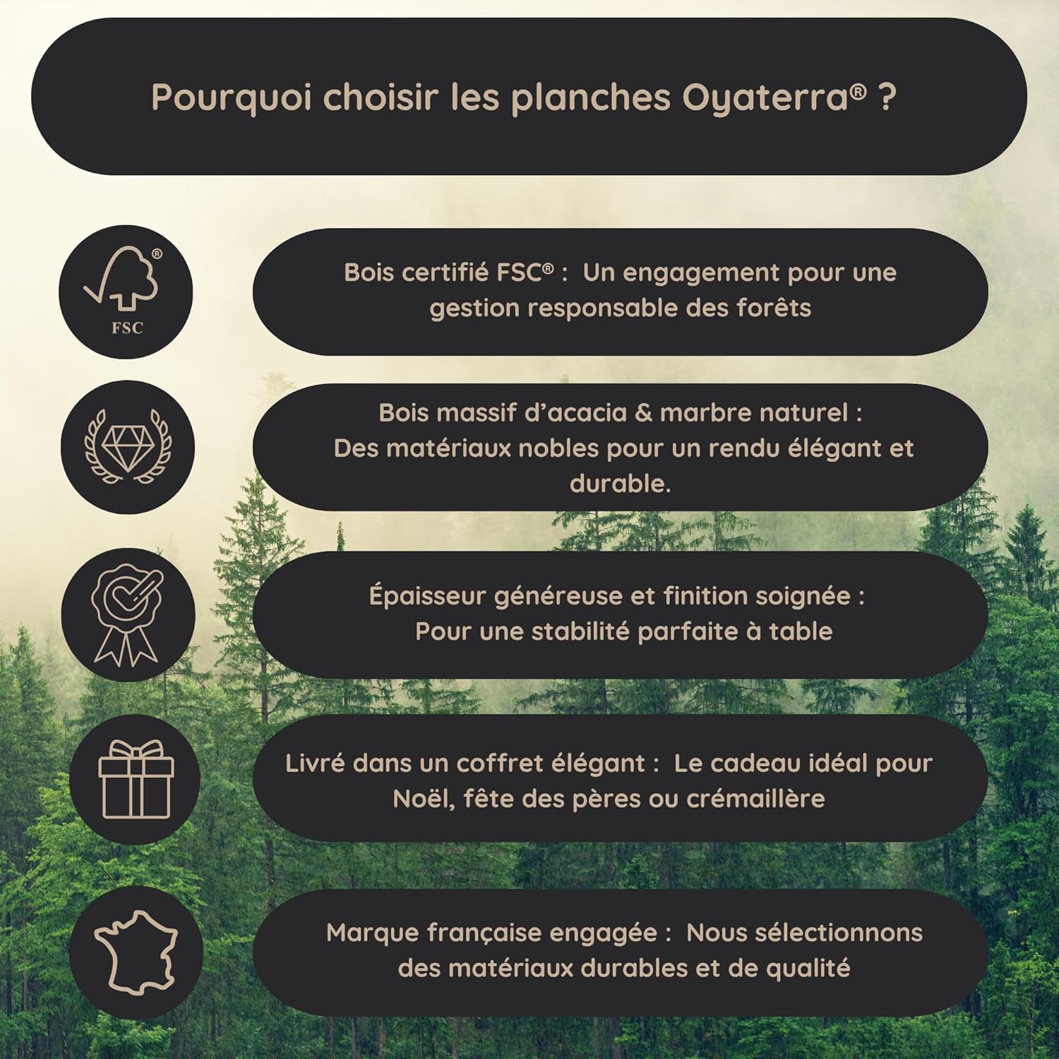 Thumbnail 4 de Ensemble OYATERRA® de 2 planches apéritif bois & marbre (acacia FSC) pour plateau fromage, charcuterie et service
