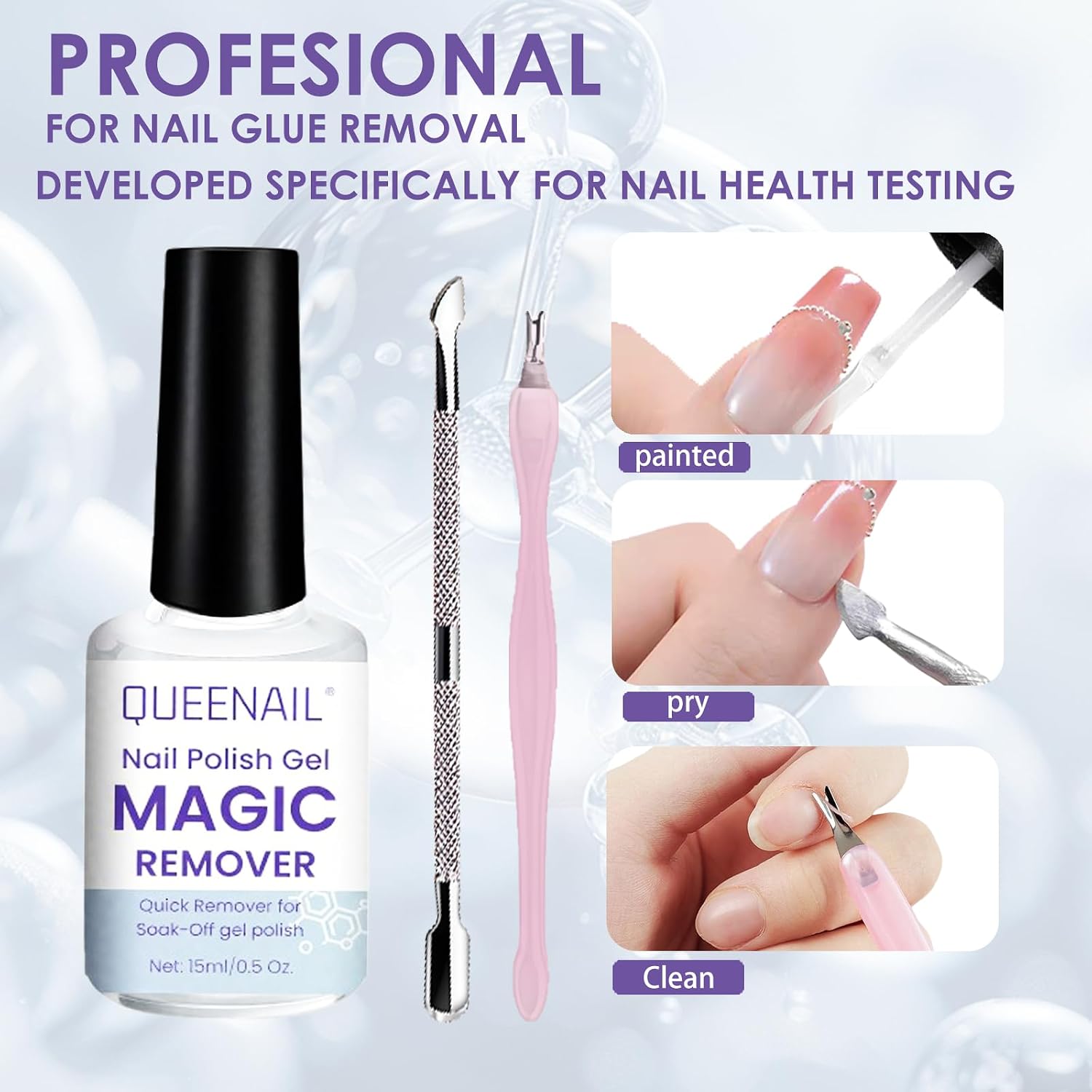 Detalle de Remover semipermanente per unghie 15 ml con solvente e strumenti per rimozione gel, Magic Solvente