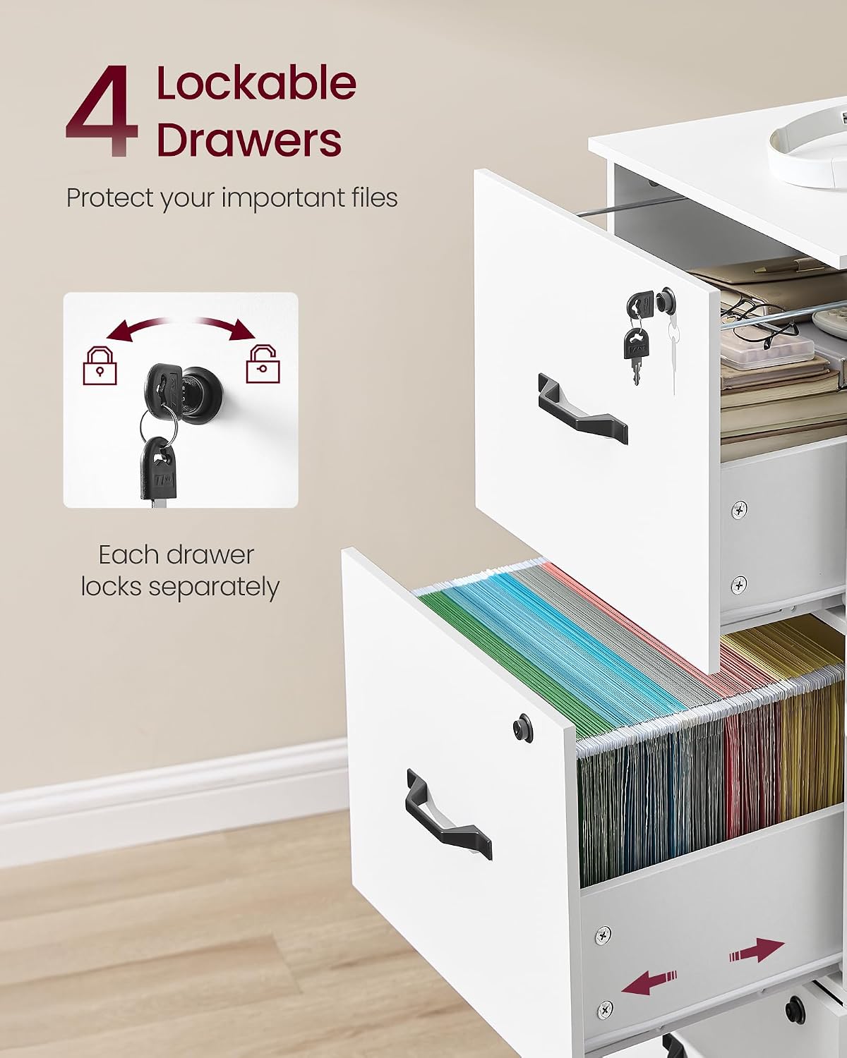 Detalle de VASAGLE CUSTOS OFC082W02 Filing Cabinet, 4 Lockable Drawers, Printer Stand