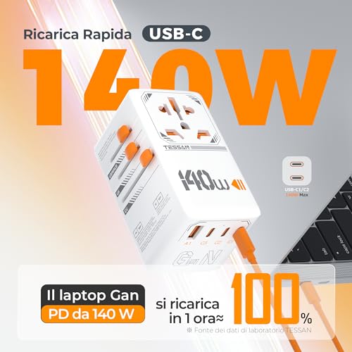 Detalle 2 de Adattatore Universale da Viaggio TESSAN: 3 USB C (140W) + 1 USB A + presa universale 2500W