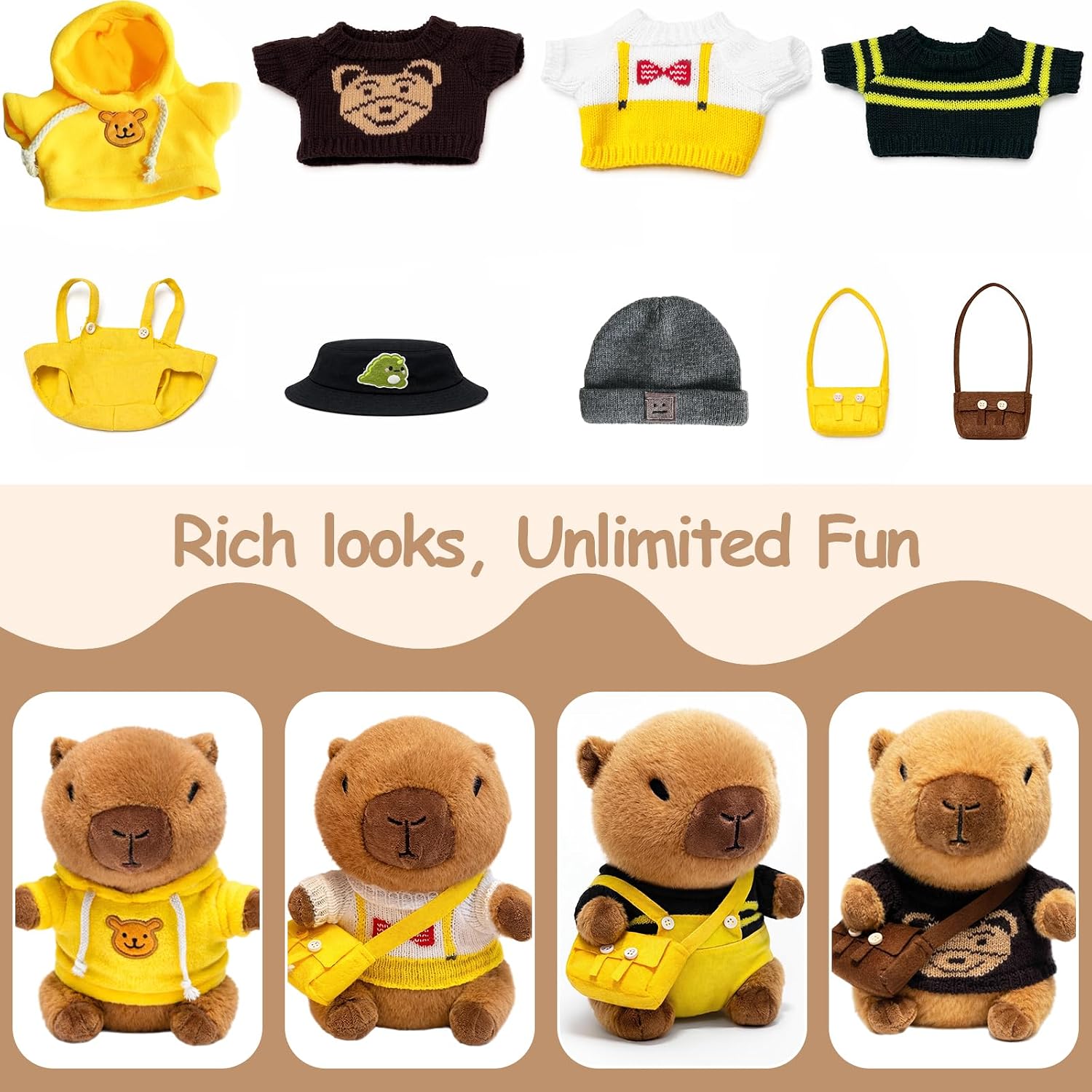 Thumbnail 1 de TITQWOP 10.2 Inch Capybara Plush Toy with 9 Clothing Items – Super Soft Stuffed Animal for Kids