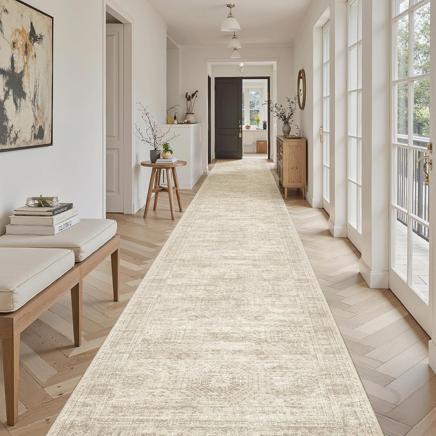 Detalle de Soalmost 3x20 Hallway Runner Rug, Beige Vintage Geometric, Washable