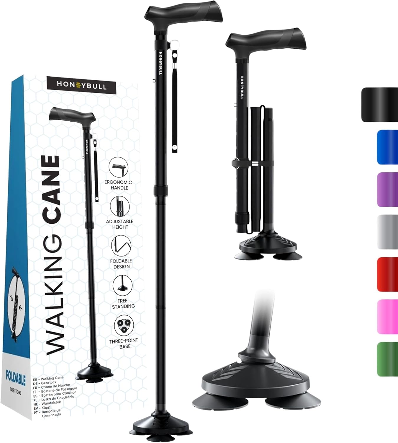 HONEYBULL Folding Walking Cane: All-Terrain, Adjustable & Heavy-Duty for Seniors and Adults
