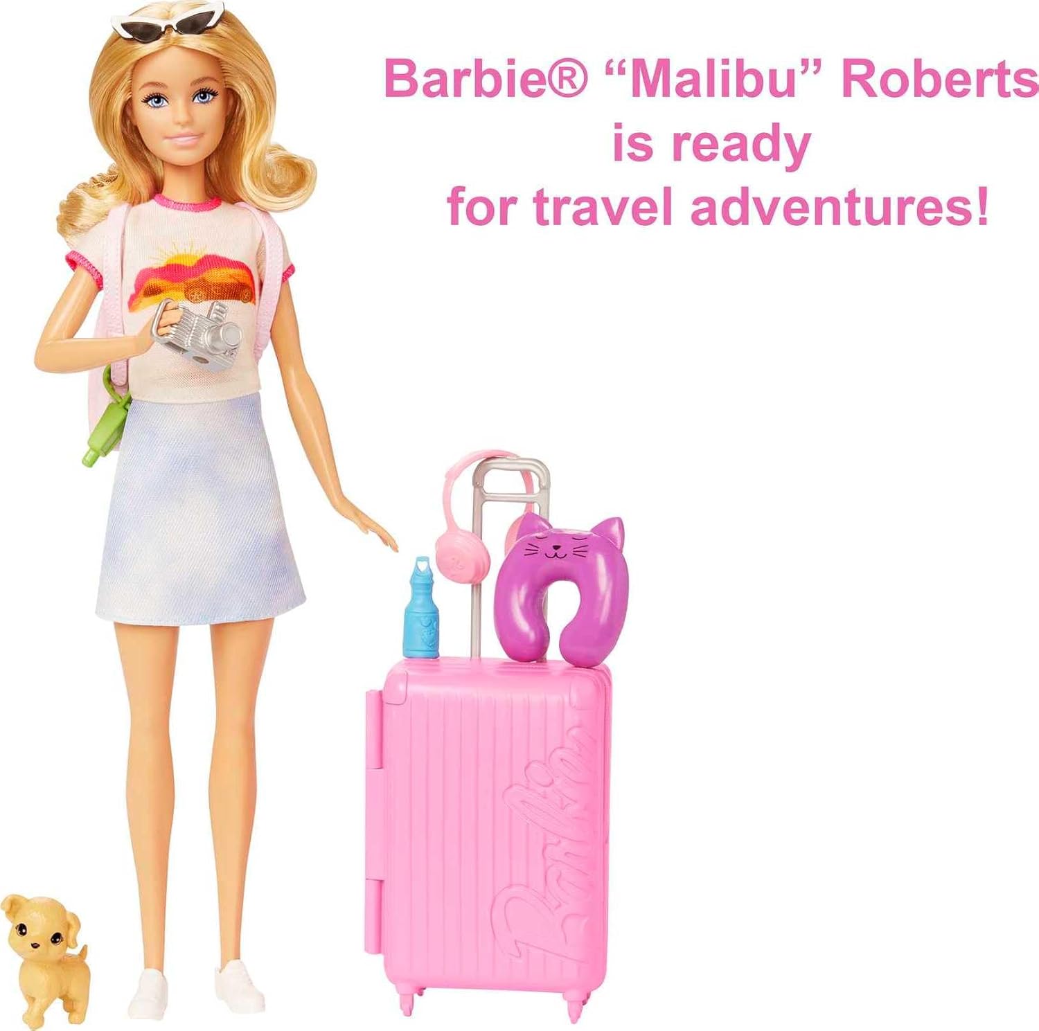 Detalle de Barbie Malibu: Set da viaggio con bambola, cagnolino e oltre 10 accessori – valigie funzionanti