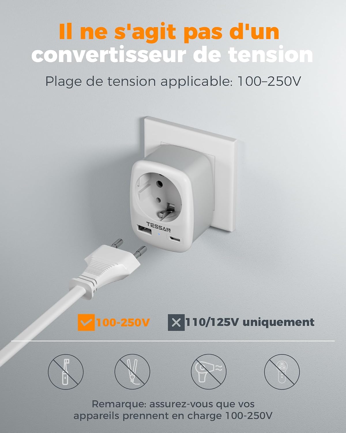 Thumbnail 6 de Adaptateur Prise Italienne TESSAN 3 en 1 pour France – USB-C et USB-A, Type L