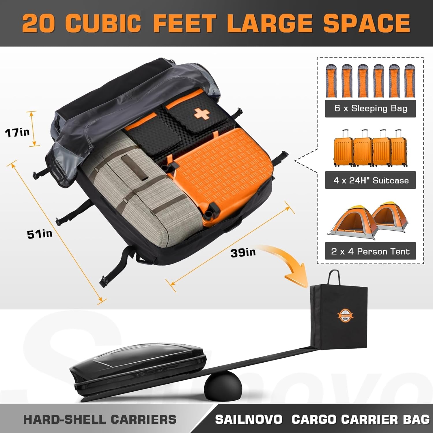 Detalle de Sailnovo Car Roof Bag 20 Cubic Feet Foldable Soft Roof Box with 6 Straps and 6 Door Hooks