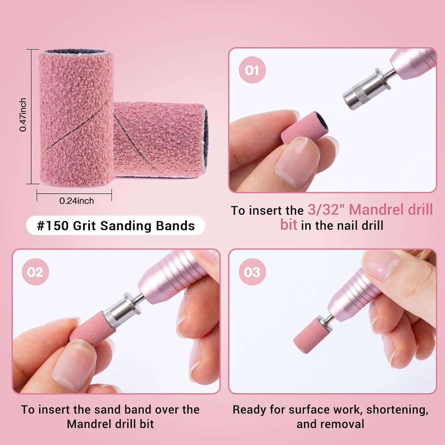 Detalle de MelodySusie 100 Pcs #150 Grit Nail Drill Bits & Sanding Bands for Acrylic, Gel & Natural Nails