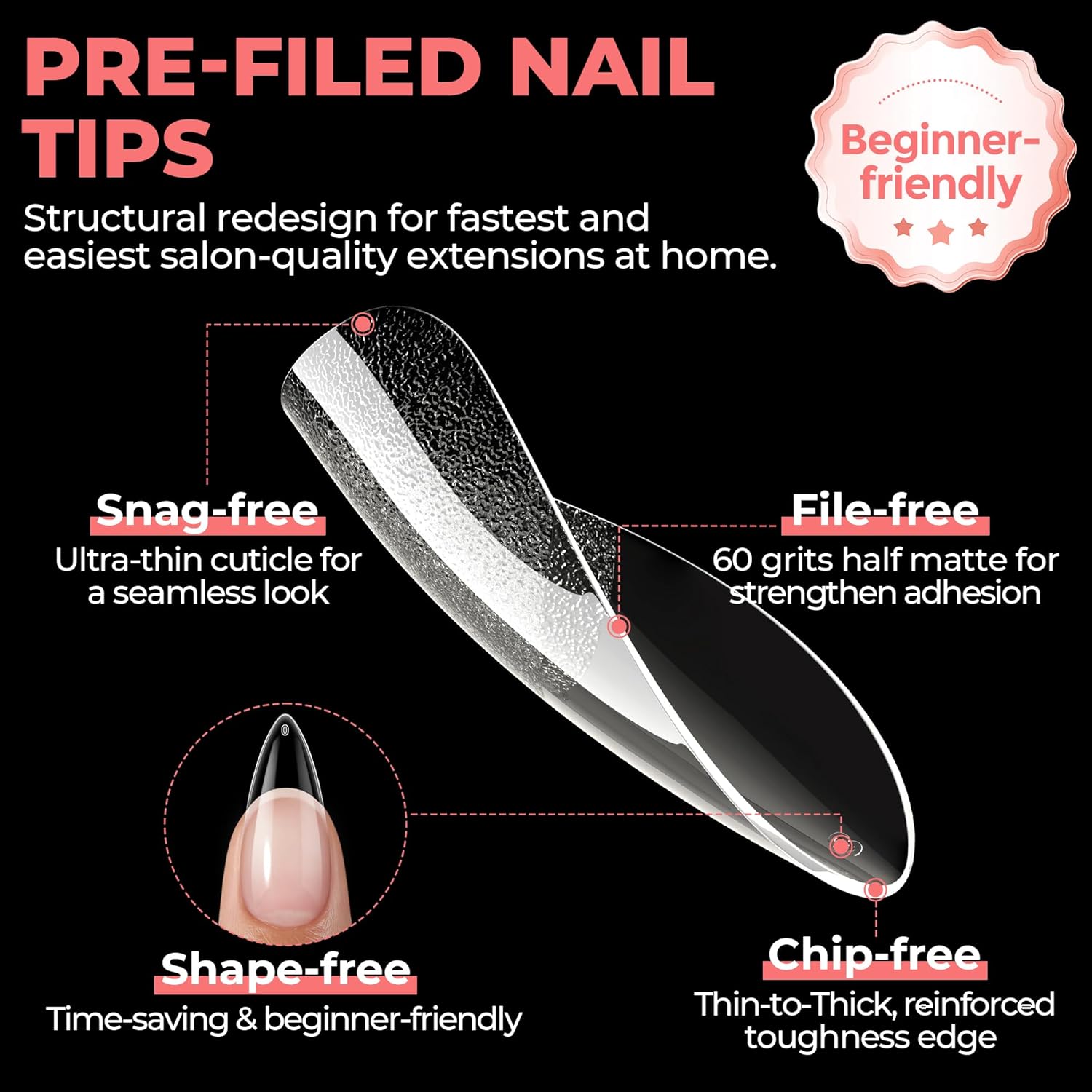 Thumbnail 4 de UNA GELLA Stiletto Medium Nagel Tips – 312 Stück, Full Cover, Pre-buff, Halb-matt, No C Curve, 12 Größen