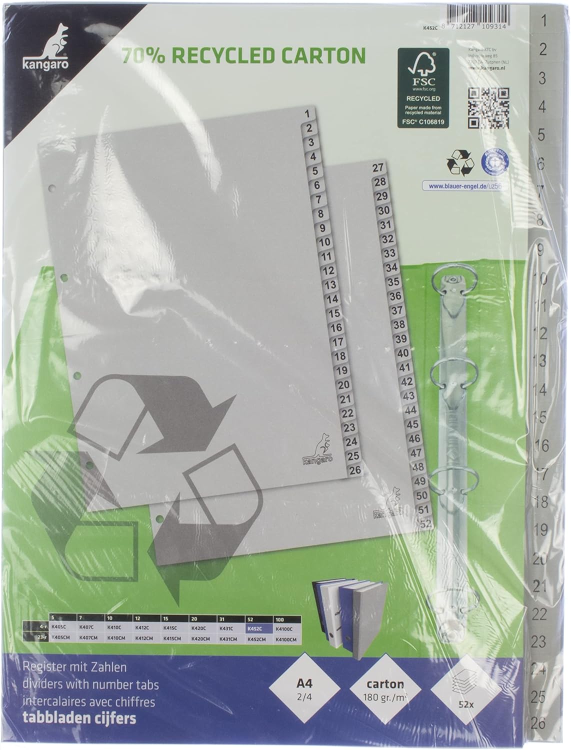Thumbnail 5 de Kangaro Karton-Register DIN A4 Zahlen 1–52 – 52-teilig, 180 g/m² recycelter FSC Karton, Grau