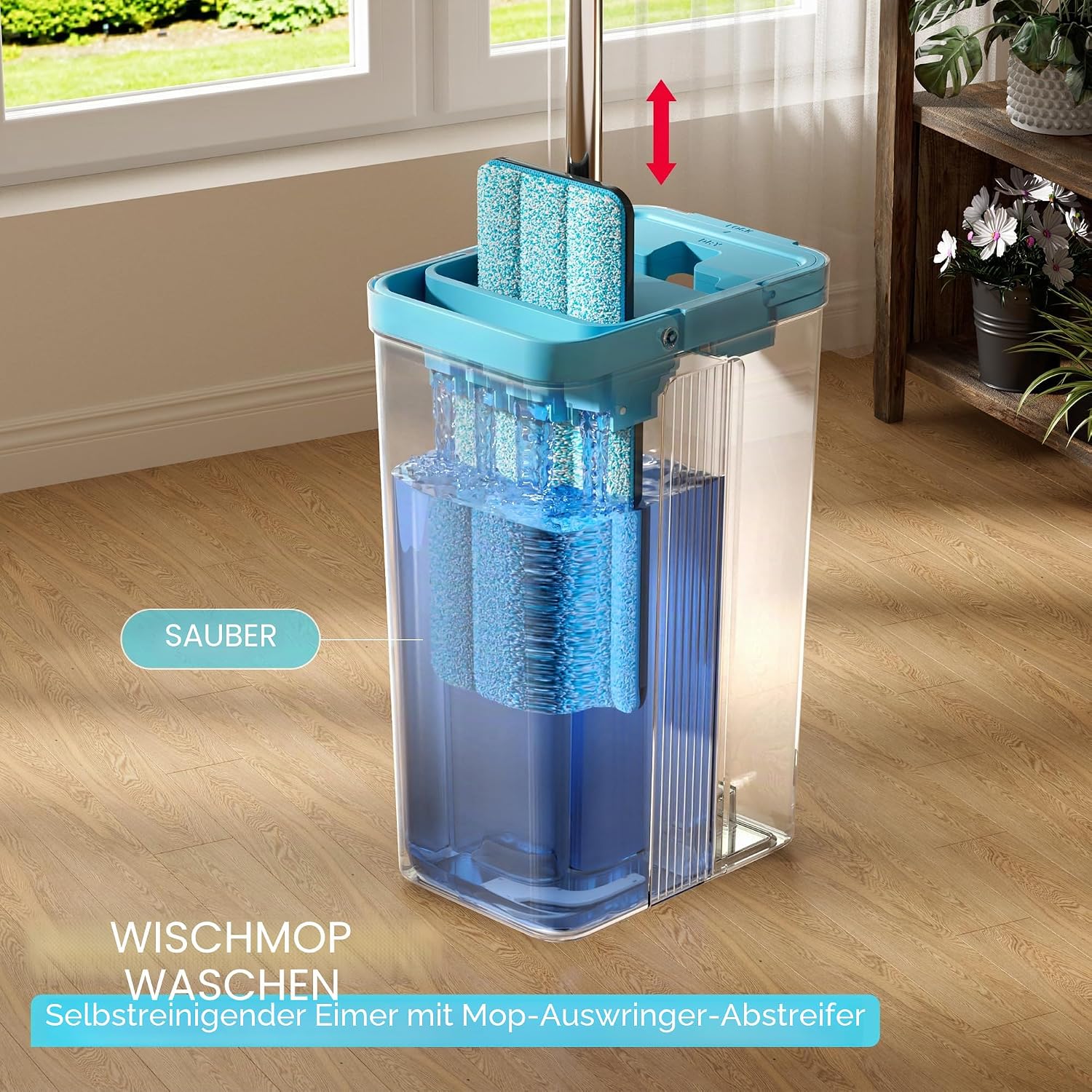 Detalle de JOYMOOP Wischmopp-Set mit Auswringer – Eimer, 360°-Wischkopf, ausziehbarer Griff & 6 Mikrofaser-Pads (Grau/Cyan)