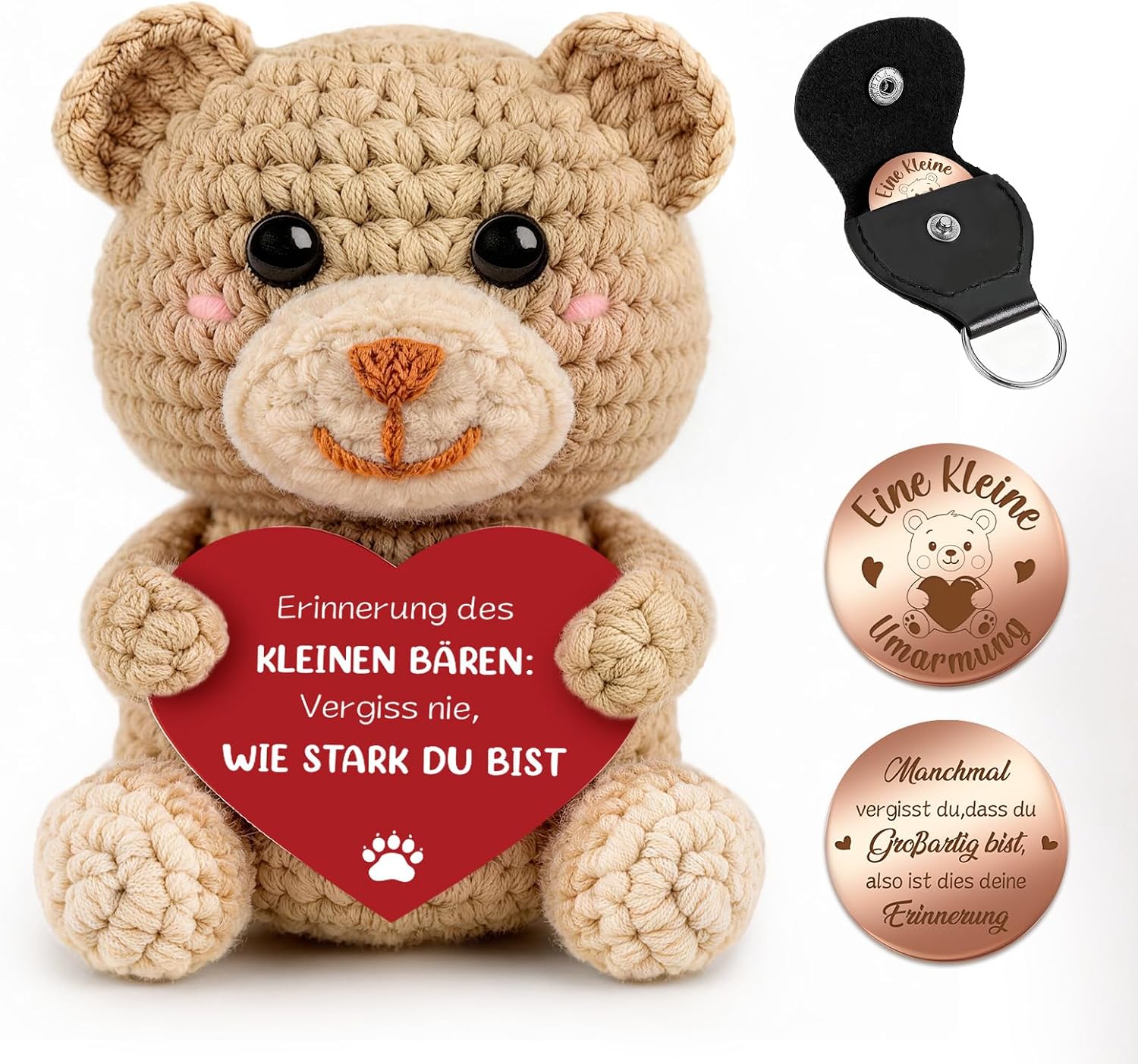 Detalle de Giftota Gute Besserung Geschenk – Handgehäkelter Bär mit Glücksbringer & Lederetui