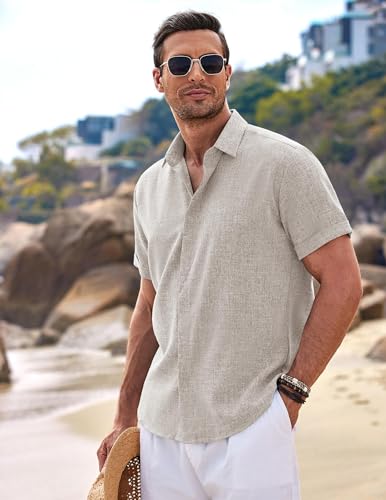 Detalle 2 de COOFANDY Chemise Homme Manches Courtes en Lin Champagne XL – Décontractée et légère