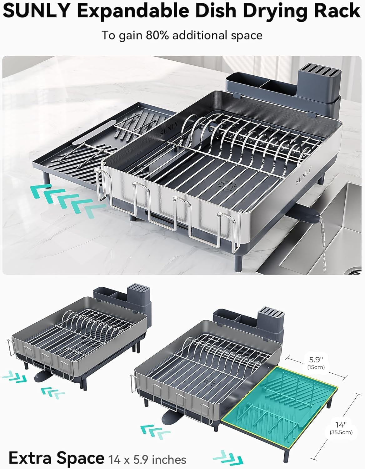 Thumbnail 1 de SUNLY Large Dish Drying Rack: Expandable 304 Stainless Steel Drainer for Kitchen Counter