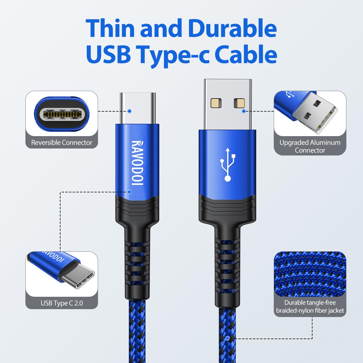 Detalle 1 de RAVODOI USB C charger cable 3A 3 pack