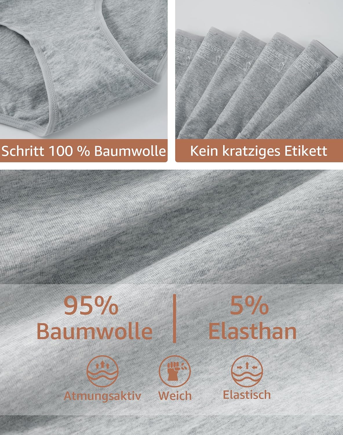 Detalle de INNERSY Damen Unterhosen Baumwolle – 6er Pack, atmungsaktiv, Basic Hipster