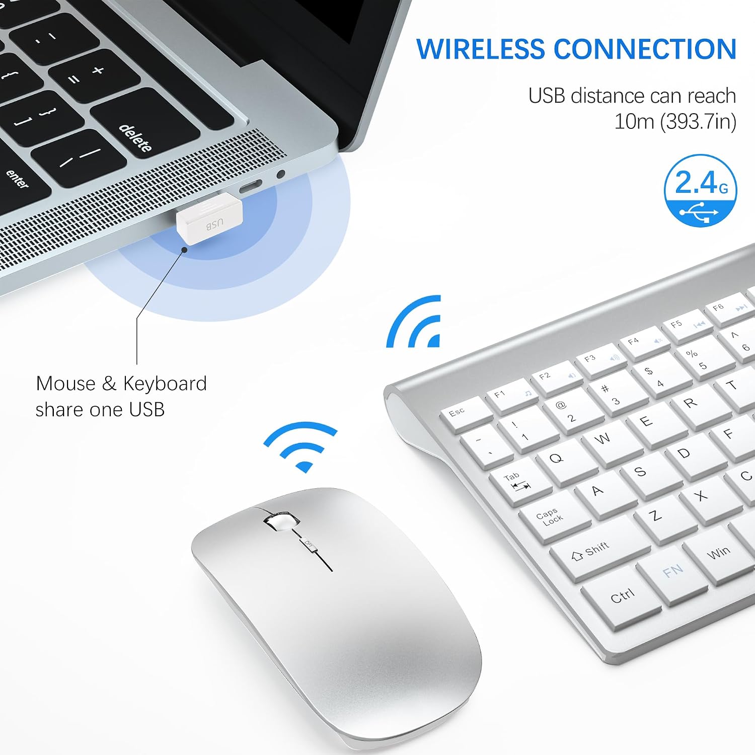 Detalle de TopMate 2.4G Wireless Keyboard and Mouse Ultra Slim Combo (USB, silent keys, 2400DPI) – Silver White