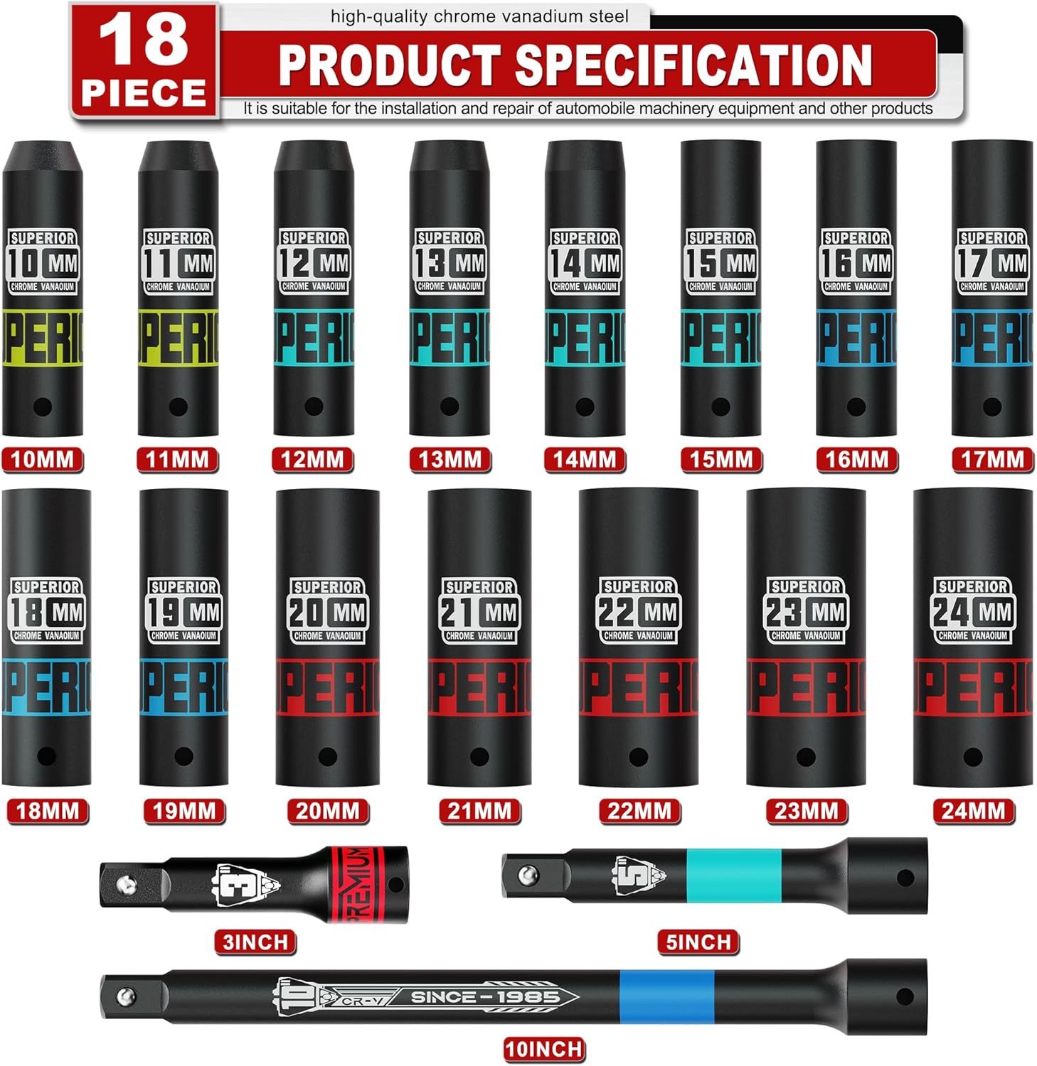 Thumbnail 1 de KIRXST 1/2 Inch Drive 18-Piece Deep Socket Set with Extensions