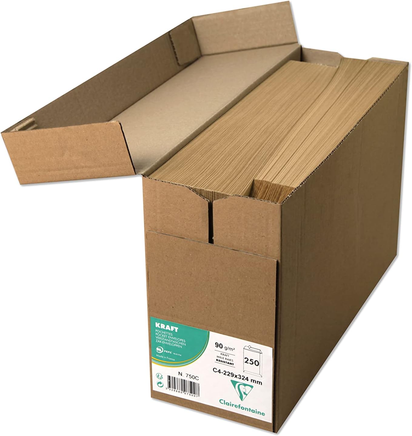 Detalle de Clairefontaine 750C – Boîte de 250 Pochettes Kraft Milleraies Brun C4 (229 x 324 mm) auto-adhésives