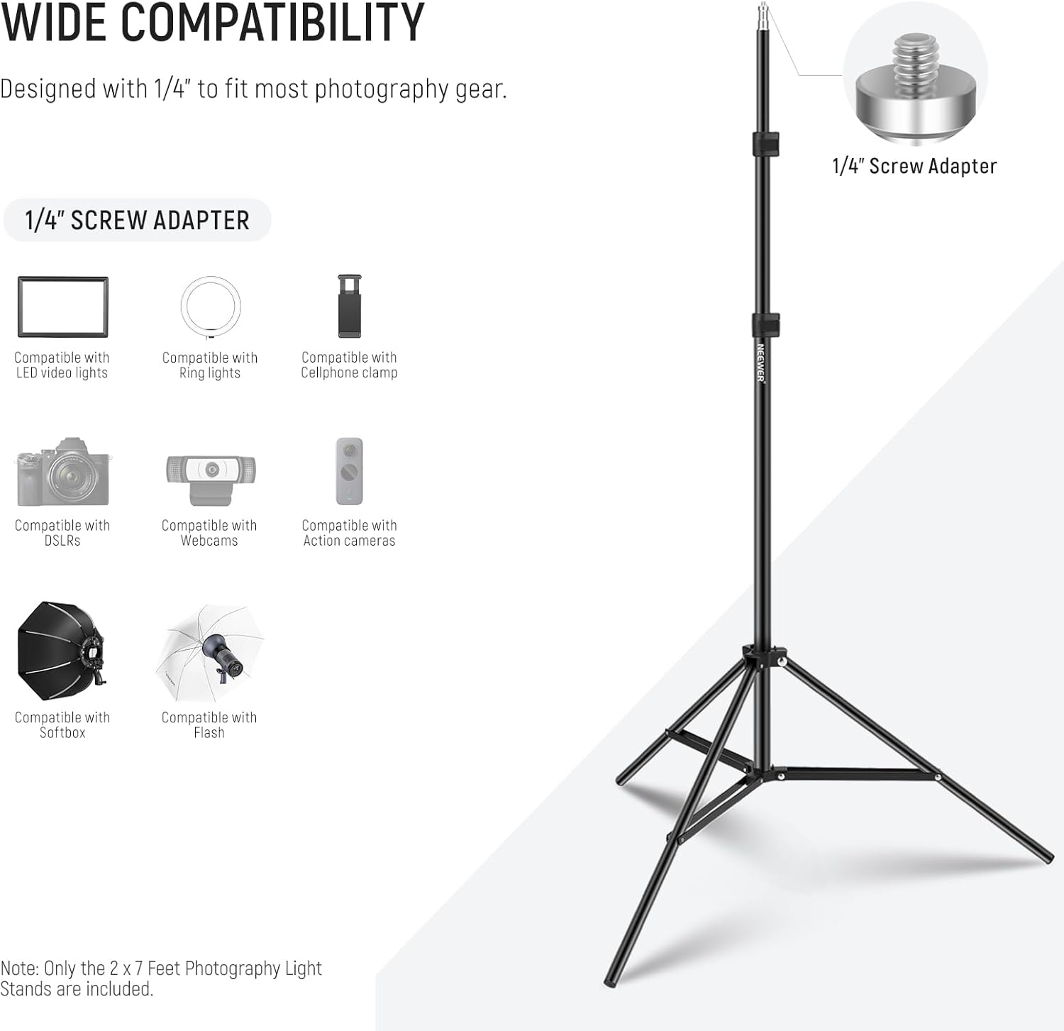 Detalle de Neewer 7 pieds de studio en aluminium (2 supports) – Hauteur réglable jusqu’à 210 cm, charge 2,5 kg