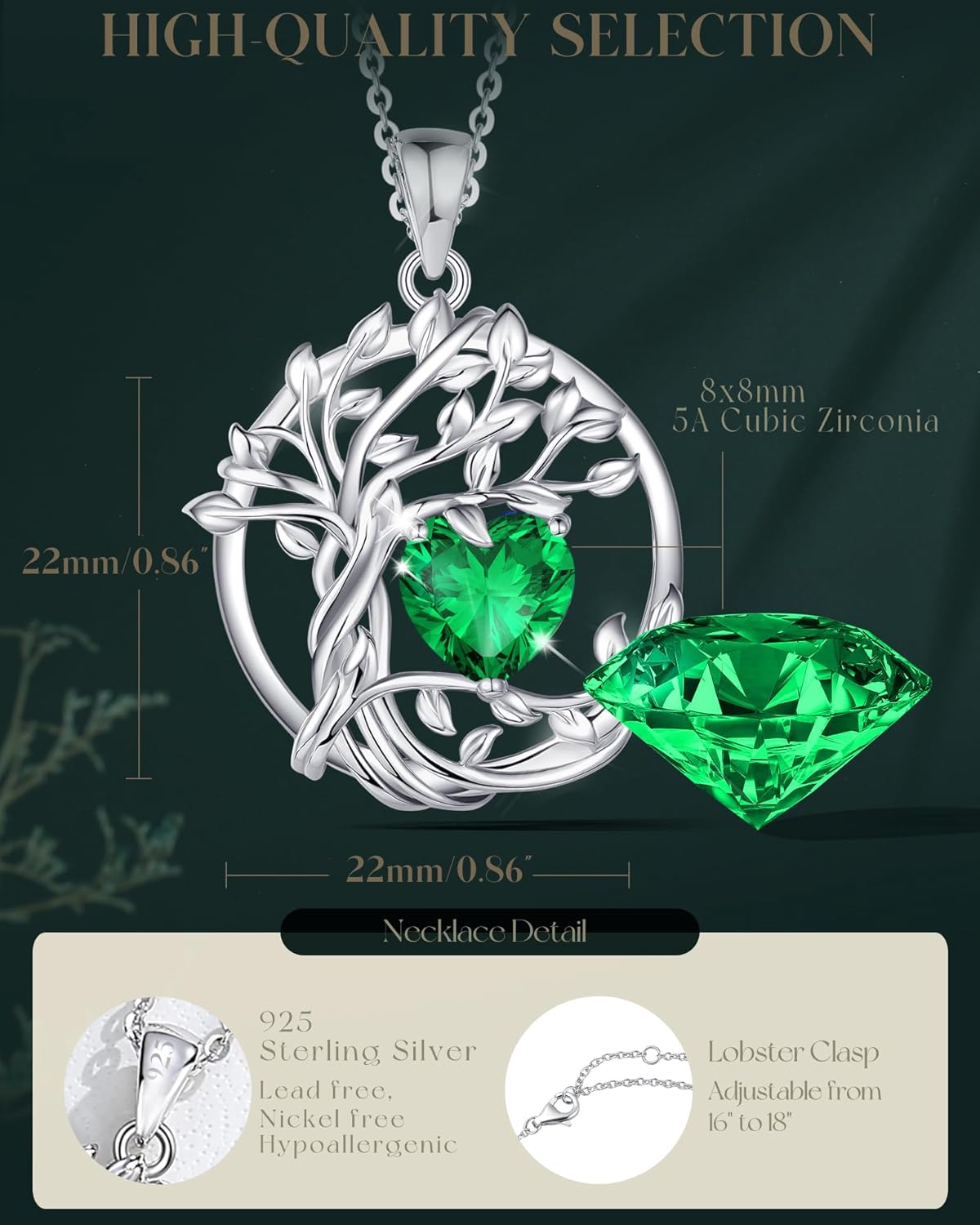 Thumbnail 2 de FANCIME Tree of Life Geburtstein Halskette aus Sterling Silber mit Smaragd (Mai) – Baum des Lebens Anhänger