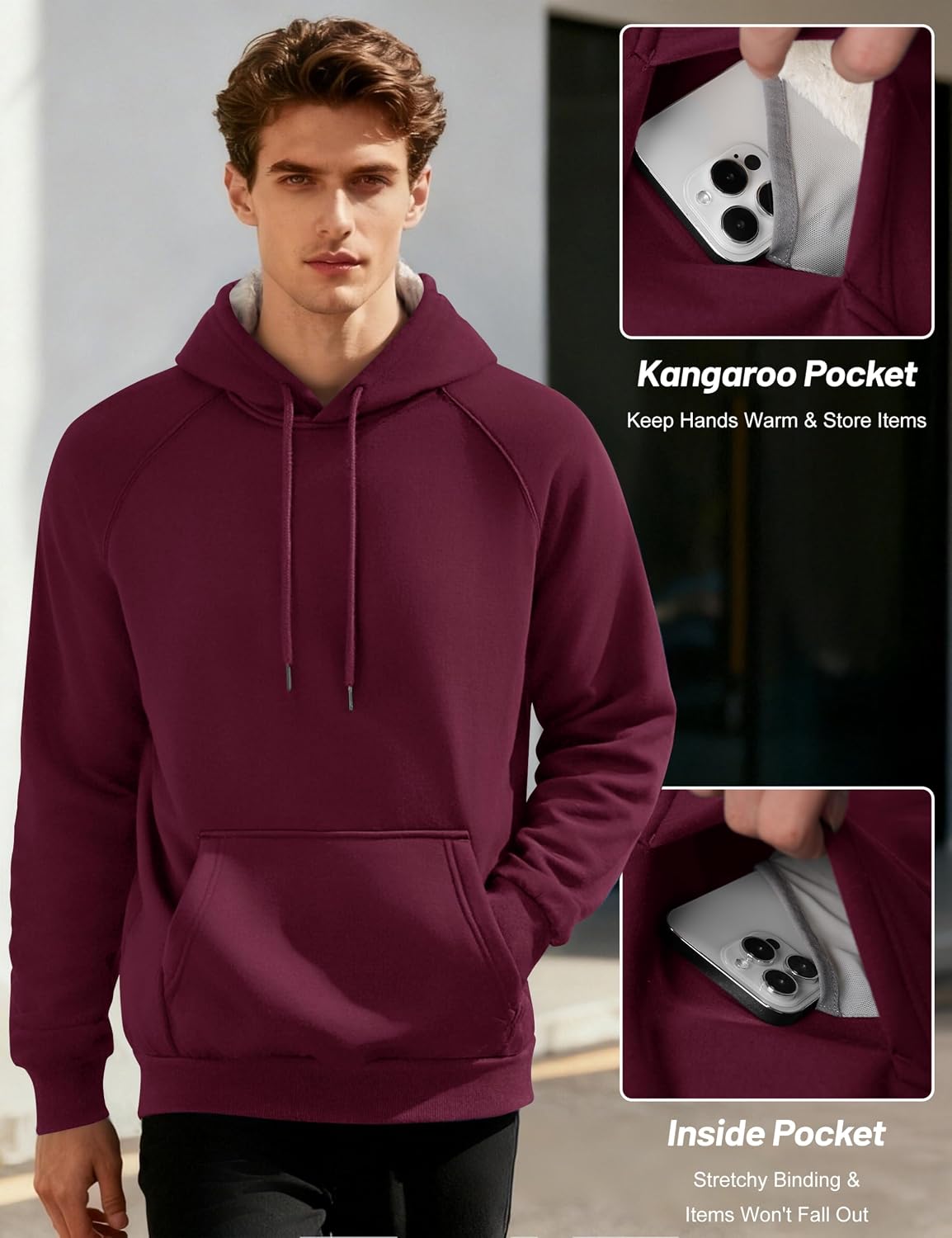 Detalle 2 de MAGCOMSEN Men's Sherpa Hoodie, Heavyweight Fleece Lined with Kangaroo Pocket