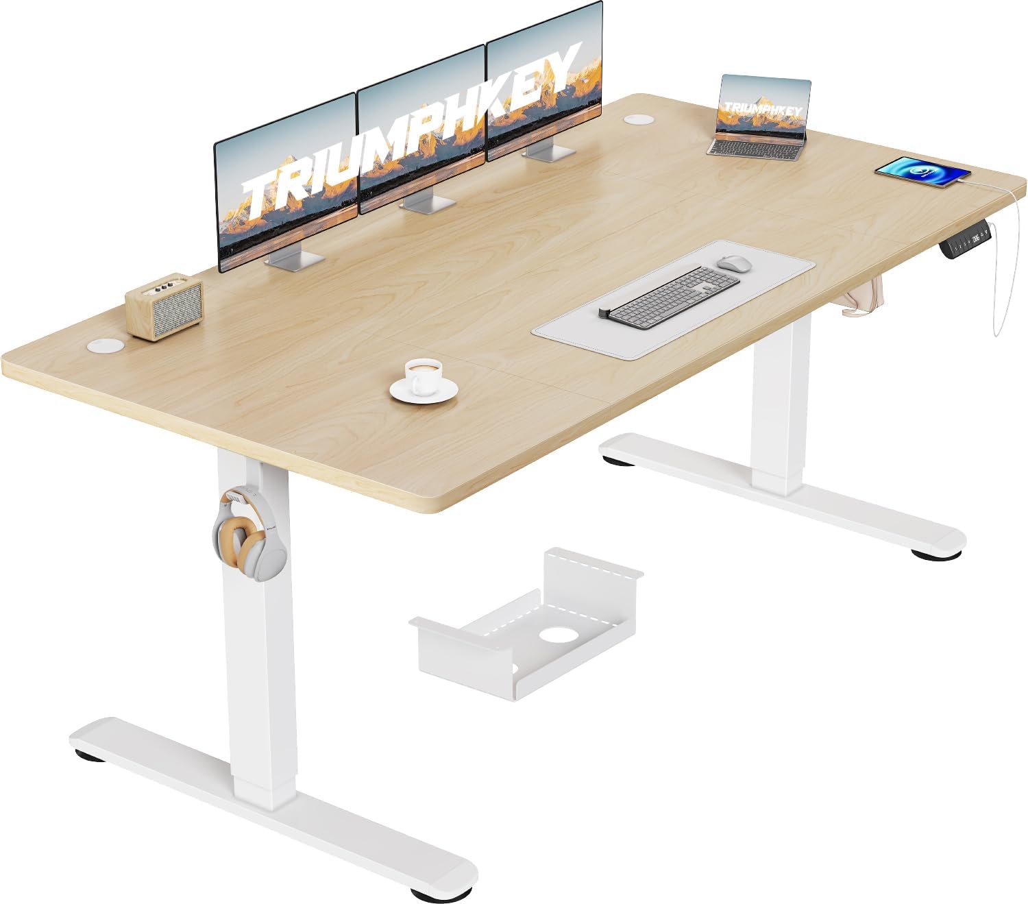 Detalle de TRIUMPHKEY höhenverstellbarer Schreibtisch 160x80 mit USB-Ladeanschluss, 3 Memory-Steuerung und Kabelkasten (beige)
