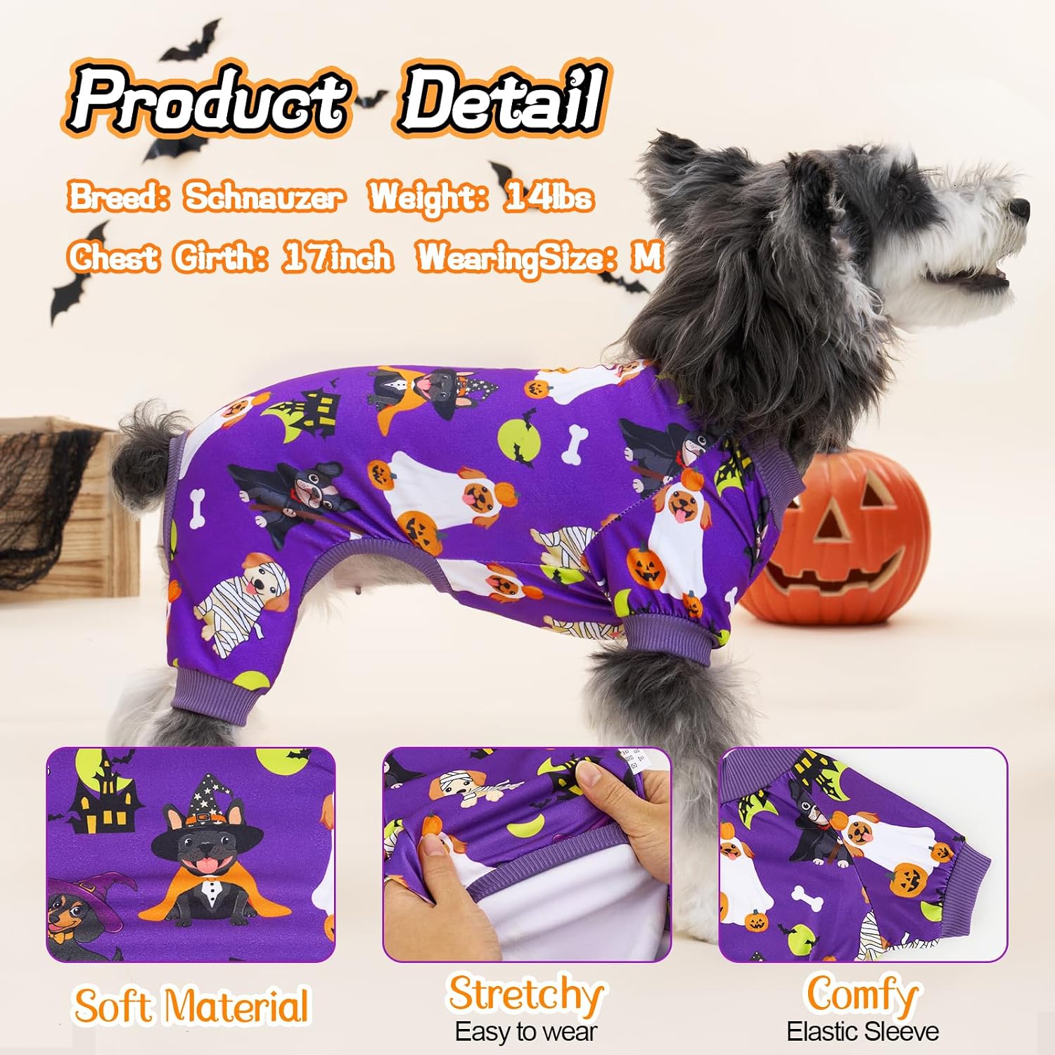 Detalle de XPUDAC 4-Pack Halloween Dog Pajamas, Small, Stretchy Polyester Blend