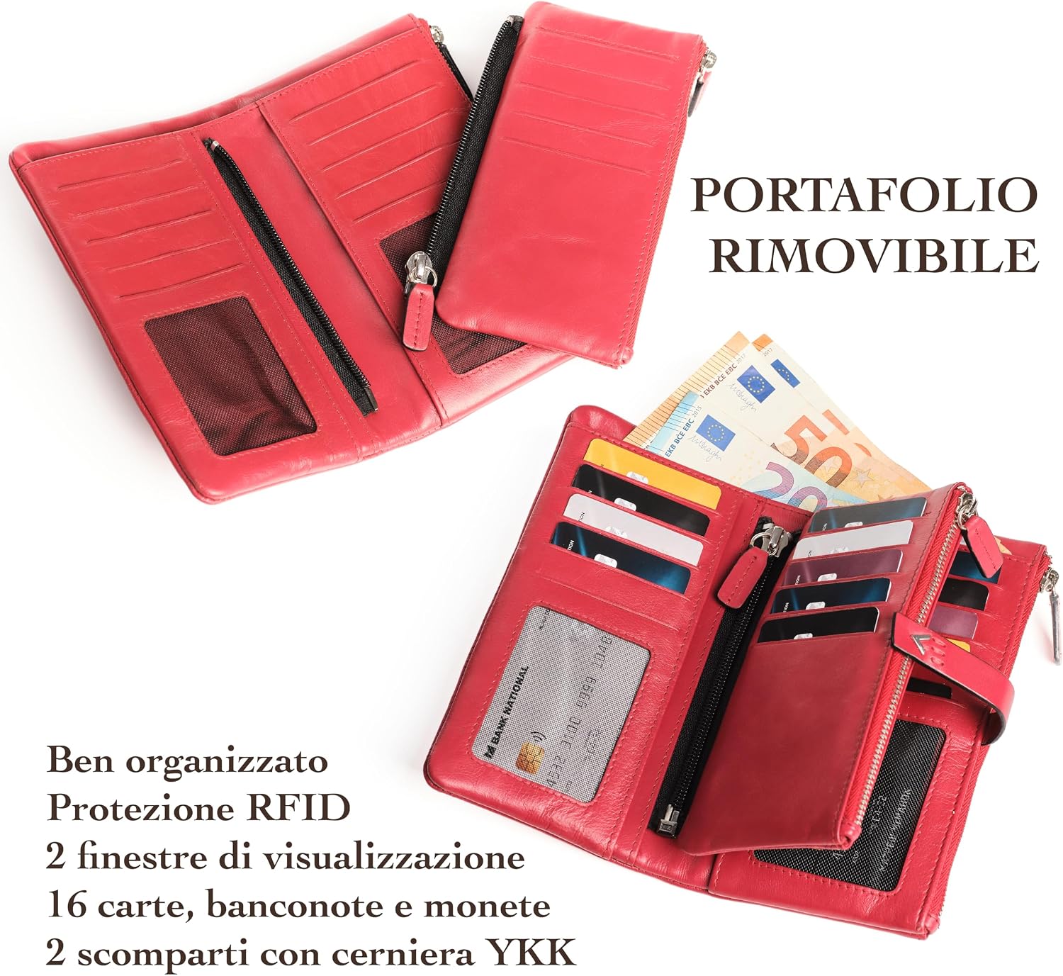 Detalle de Lavalen Portafoglio Donna in Pelle Vera — Portafoglio Grande Capacità con RFID, Rosso