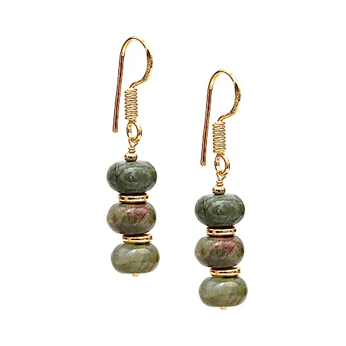 Detalle de GEMPires Natural Gemstone Rondelle Bead Earrings for Women, Unakite – 8mm Lightweight Handmade Drops