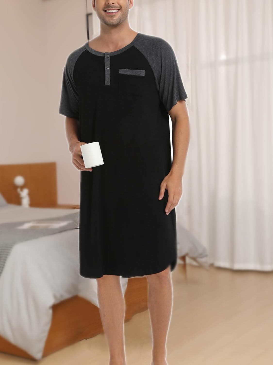 Thumbnail 1 de Enjoyoself Men’s Cotton Short Sleeve Pyjama Tops Long Nightshirts