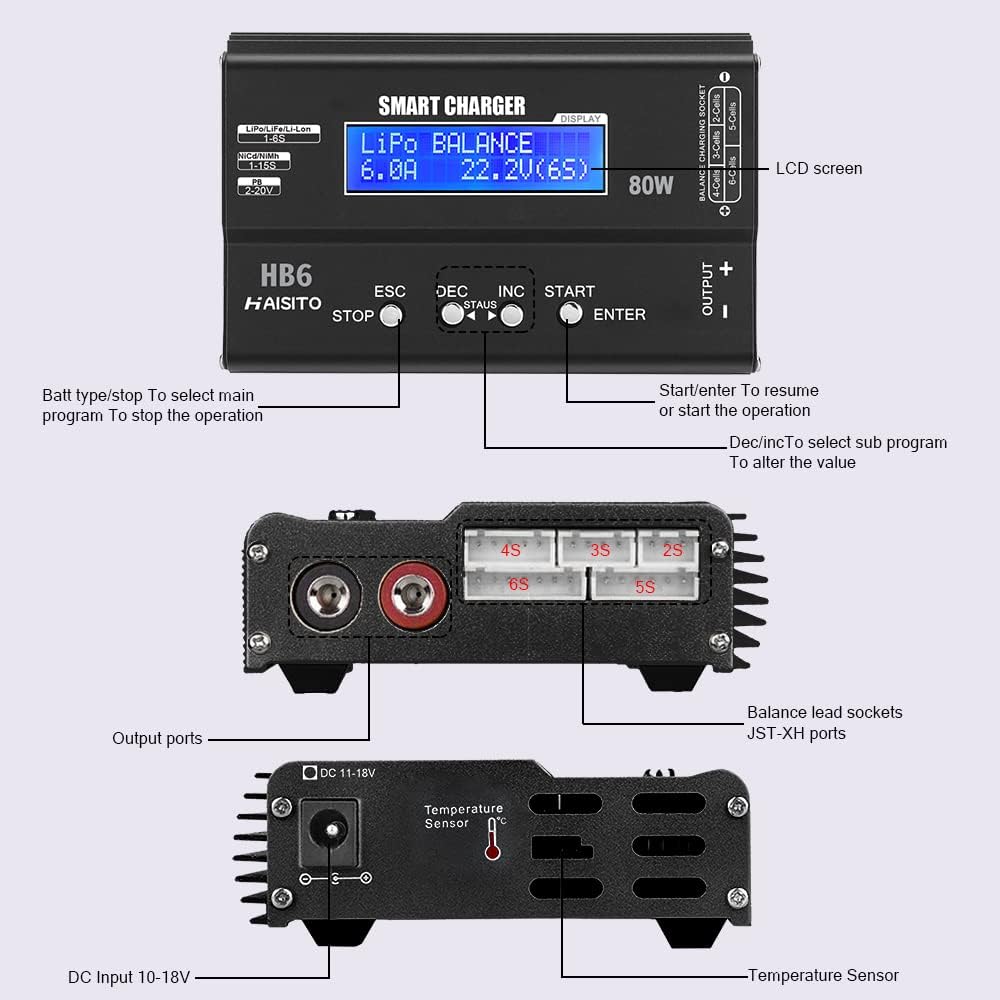 Detalle de Haisito Lipo Ladegerät 80W 6A Balancer für LiPo/Li-Ion/LiFe (1–6S) sowie NiMH/NiCd (1–15S) mit LED-Bildschirm