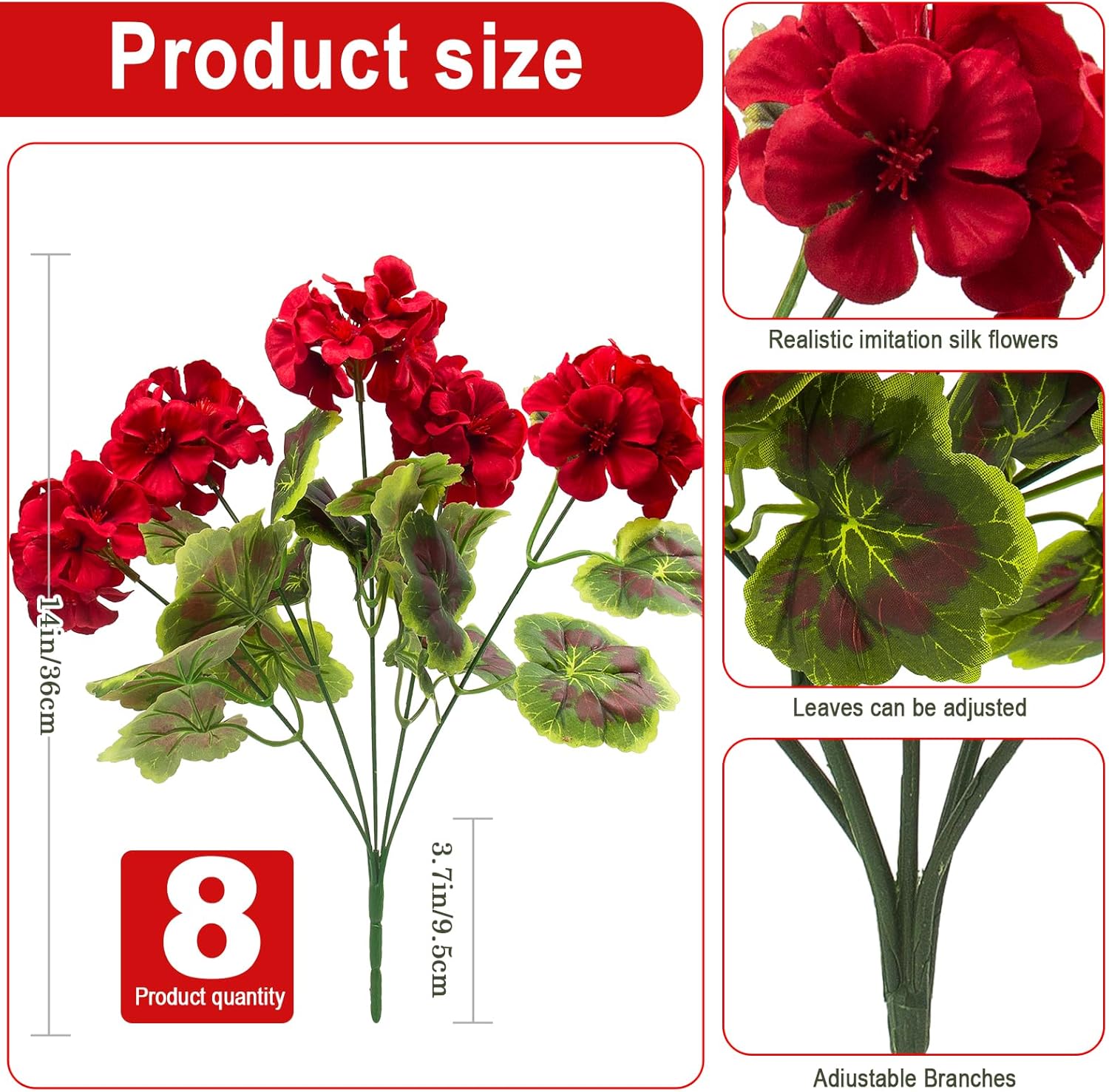 Detalle de Lovemoon 8-Piece Artificial Geranium Set (Red) for Indoor & Outdoor Decor
