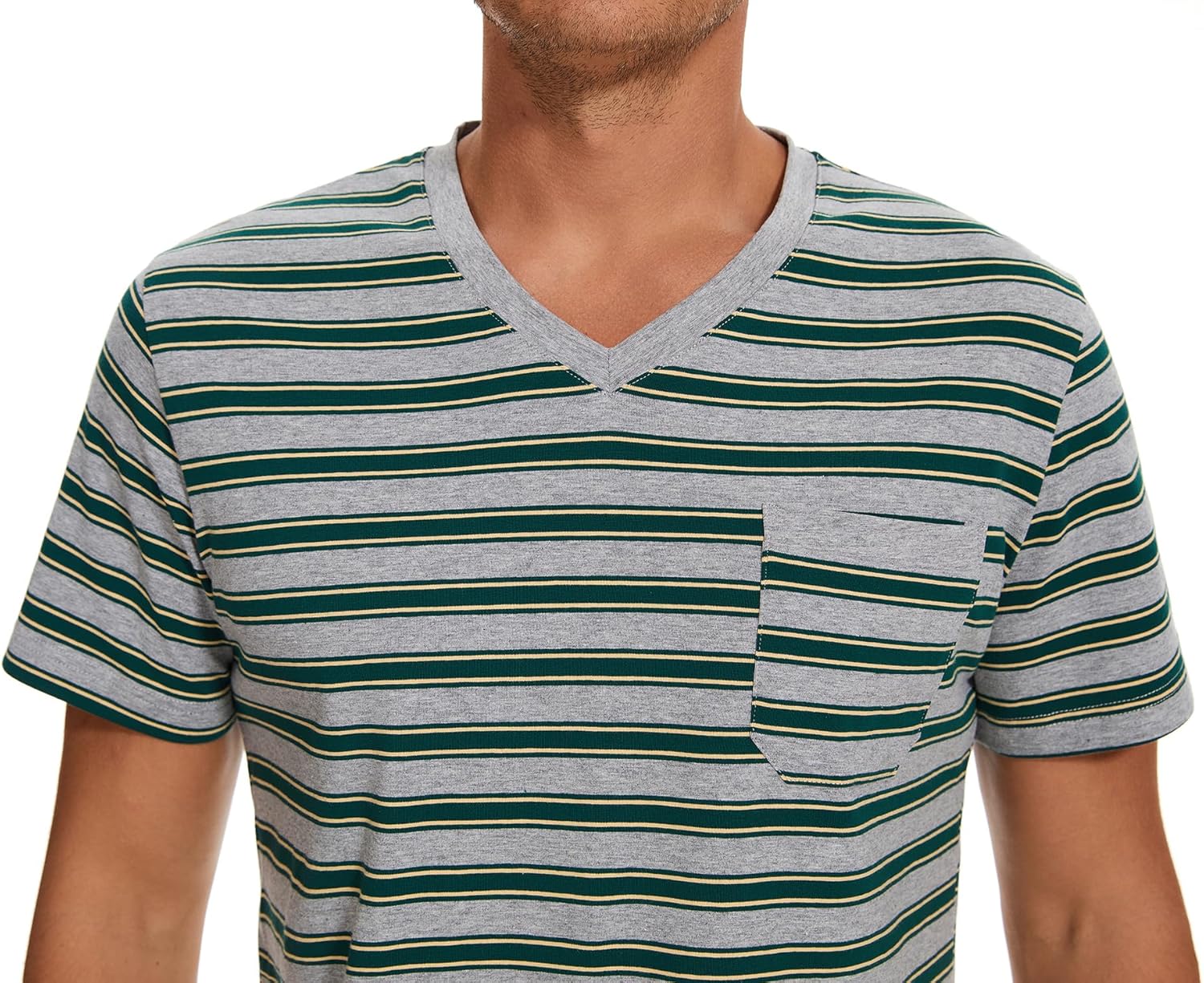 Detalle de Winovia Schlafanzug Herren Kurz – Sommer Pyjama Set aus Baumwolle, gestreift, V-Ausschnitt, Brusttasche