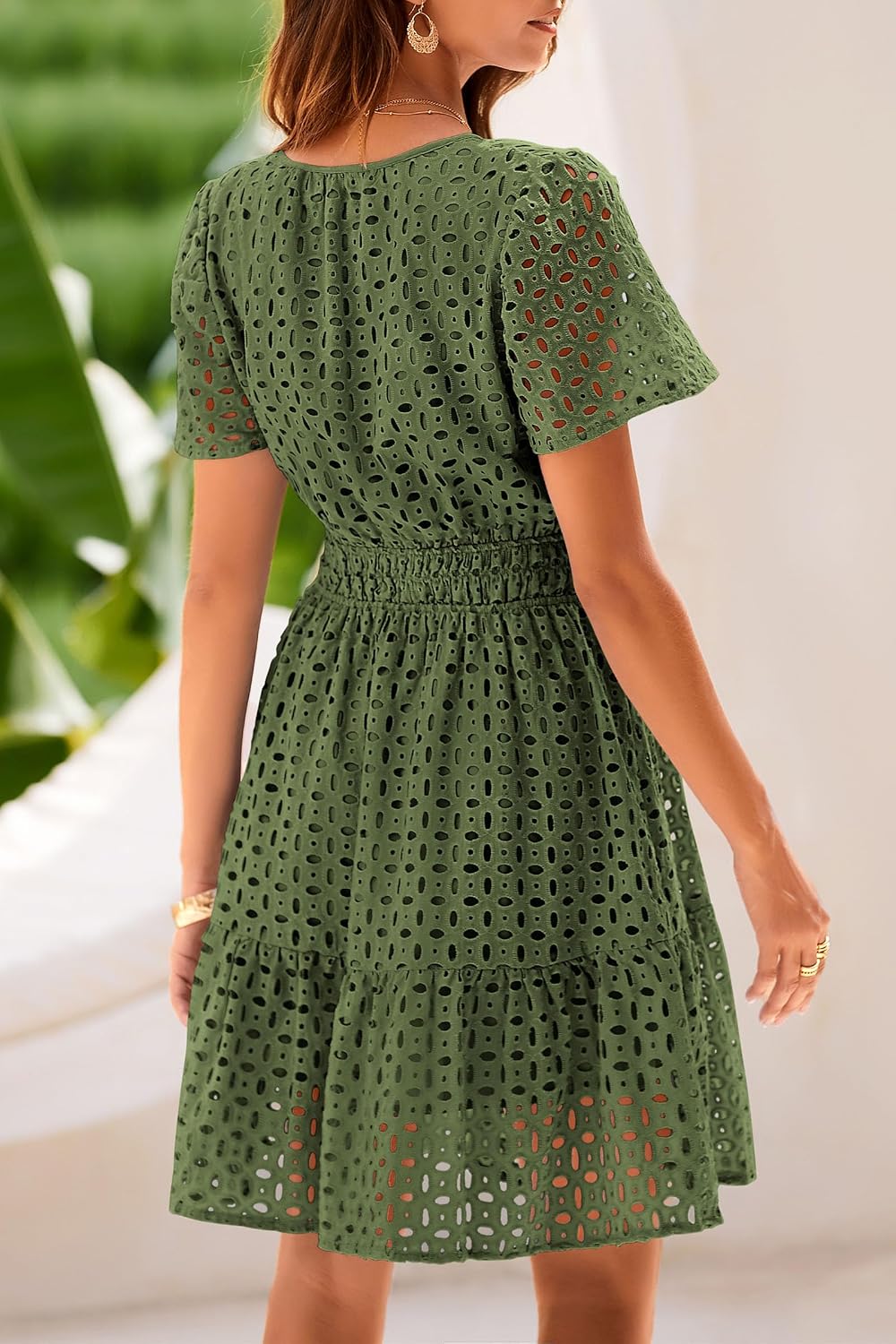 Detalle de PRETTYGARDEN Women’s 2026 Summer V-Neck A-Line Short Dress with Hollow-Out Lace