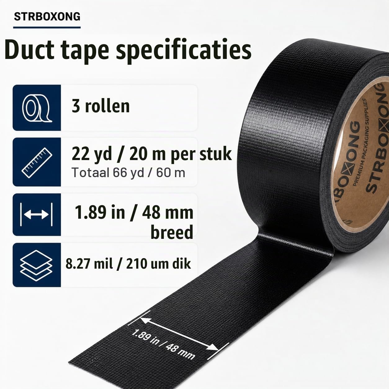 Detalle 2 de STRBOXONG STRBOXONG-Duct Tape, zwart, 48 mm x 20 m, 210 micron, 3 rollen