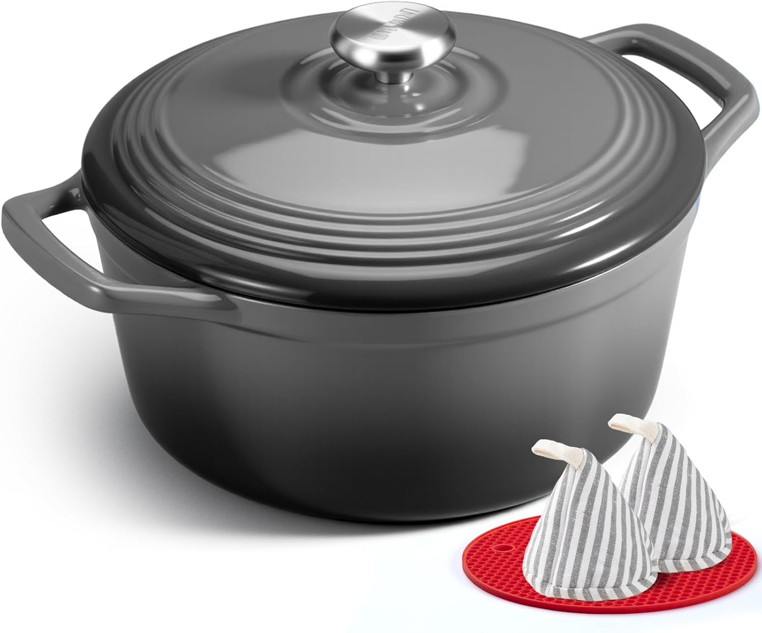 Detalle de Overmont 26cm Enamelled Cast Iron Round Casserole Pot with Lid (5.2L) – Grey