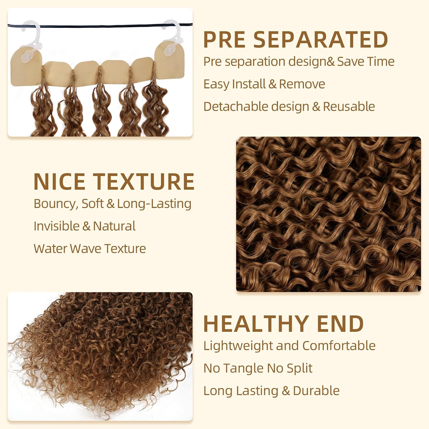 Detalle de Human Crochet Hair for Black Women — 18 Inch Water Wave Bundles, Pre-Separated 50 Strands, 60g, Knotless Invisible Miracle Knots