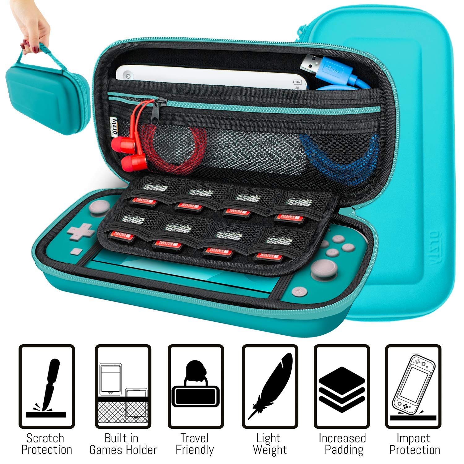 Thumbnail 4 de Orzly Switch Lite Accessories Bundle (Case, Tempered Glass Screen Protector, Grip Case, USB Cable, More) - Turquoise Blue