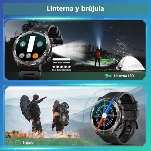 Detalle de Baolubao Reloj Inteligente para Hombre con Linterna, Brújula y Llamadas Bluetooth — 120+ Modos Deportivos, IP68