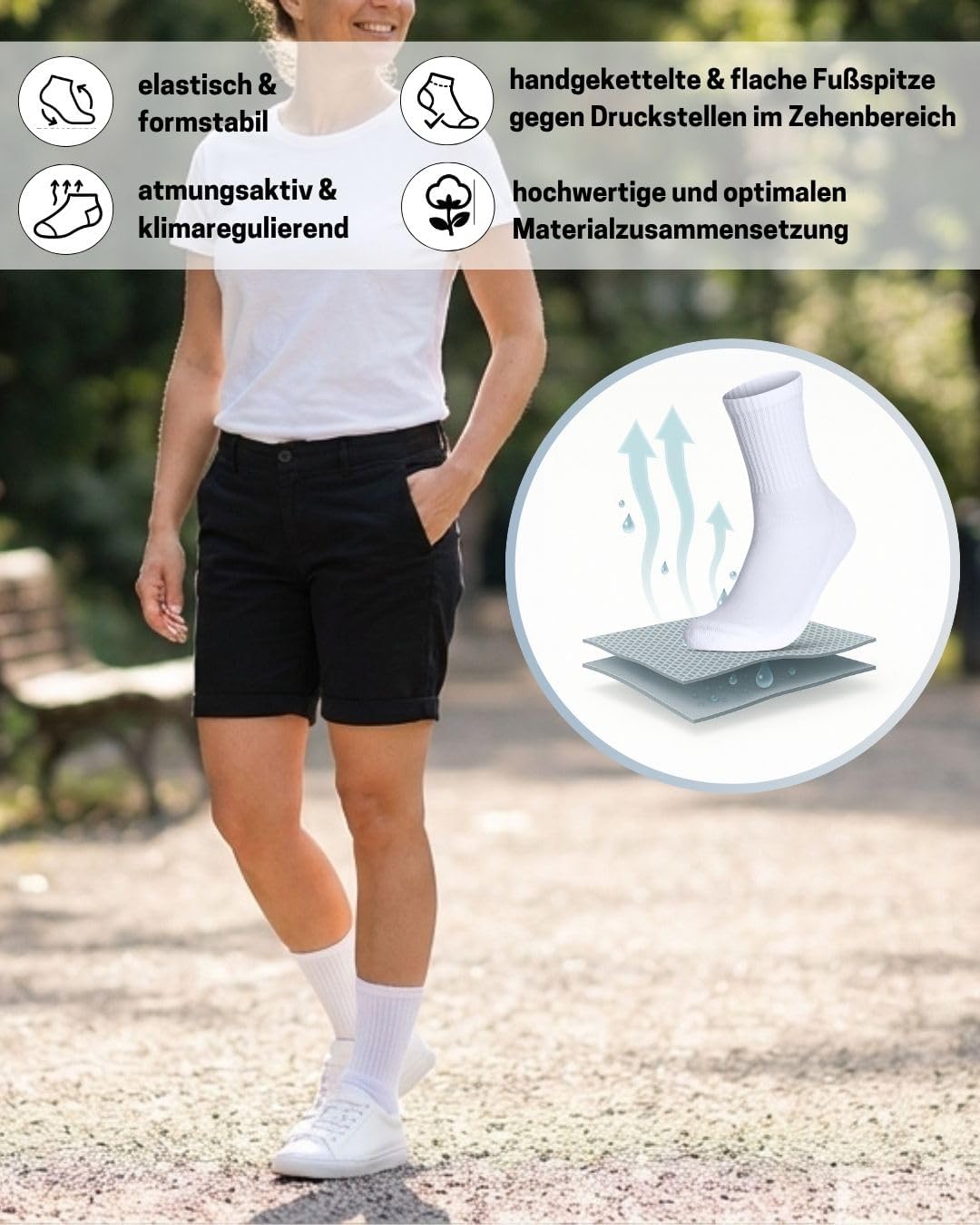 Detalle de sockenkauf24 Damen Tennissocken (6 Paar) – atmungsaktive Retro-Crew-Sportsocken mit verstärkter Ferse & Fußspitze