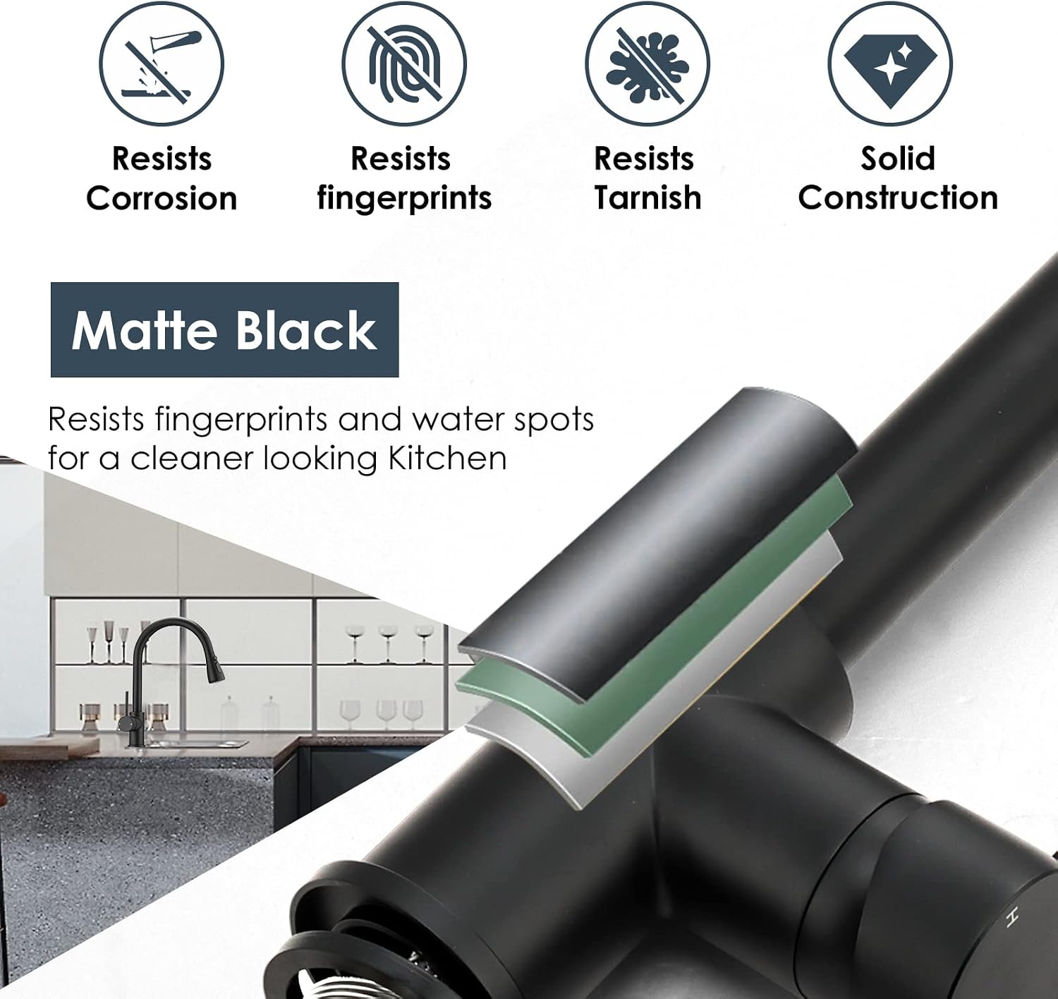 Detalle de Peppermint Black Kitchen Tap with Pull Out Spray – 3-Mode High Arc Mono Mixer
