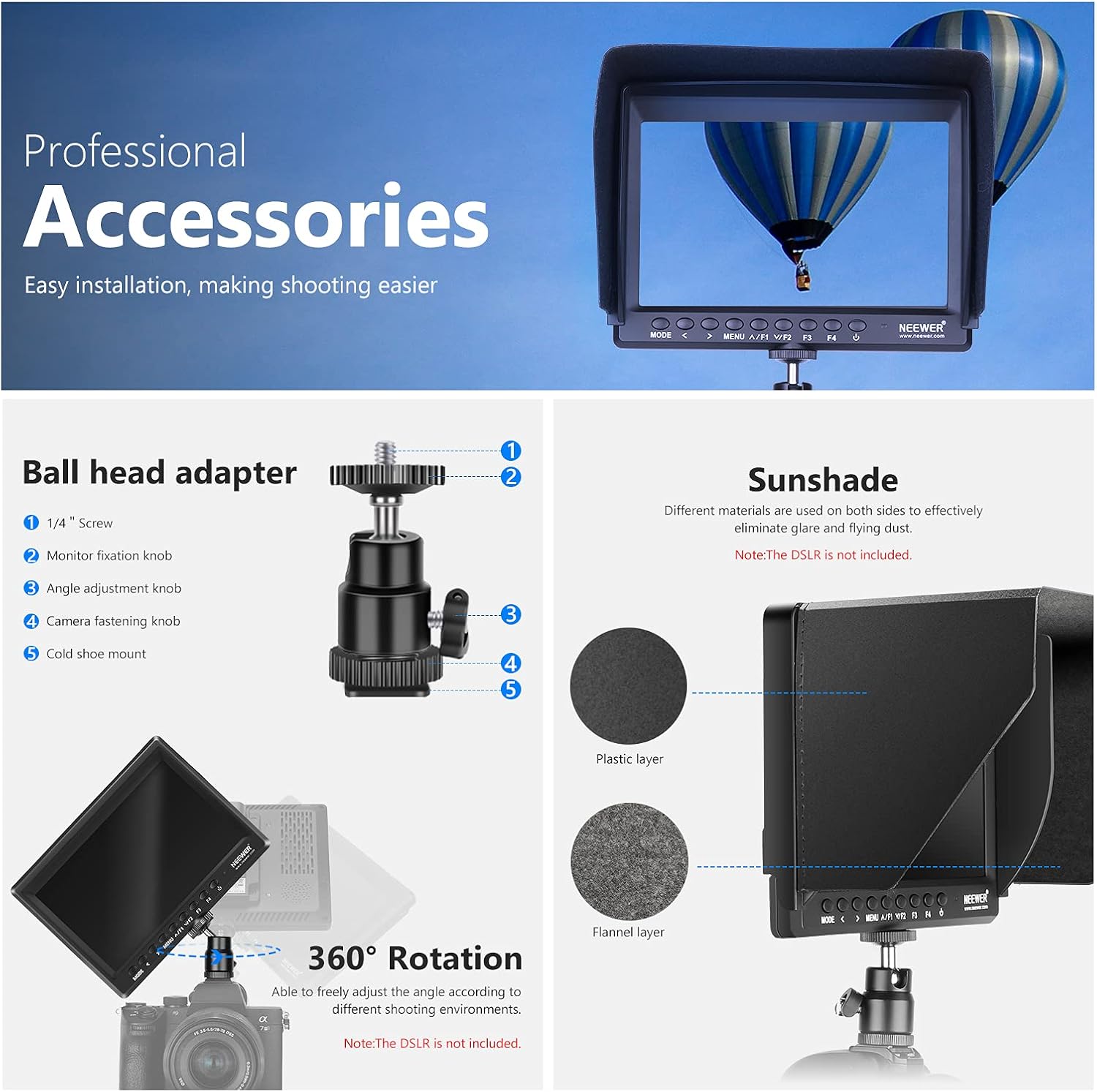Detalle de Neewer F100 7-inch Field Monitor with Sunshade & Ball Head for DSLR Cameras
