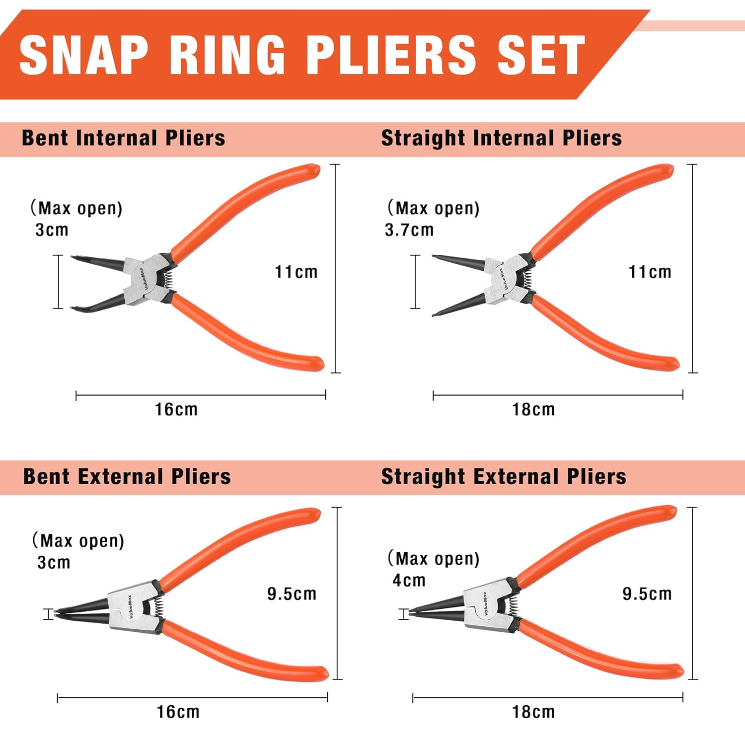 Thumbnail 4 de ValueMax 180mm Circlip Pliers Set – 4‑Piece Internal & External Snap Ring Pliers in Zip Case