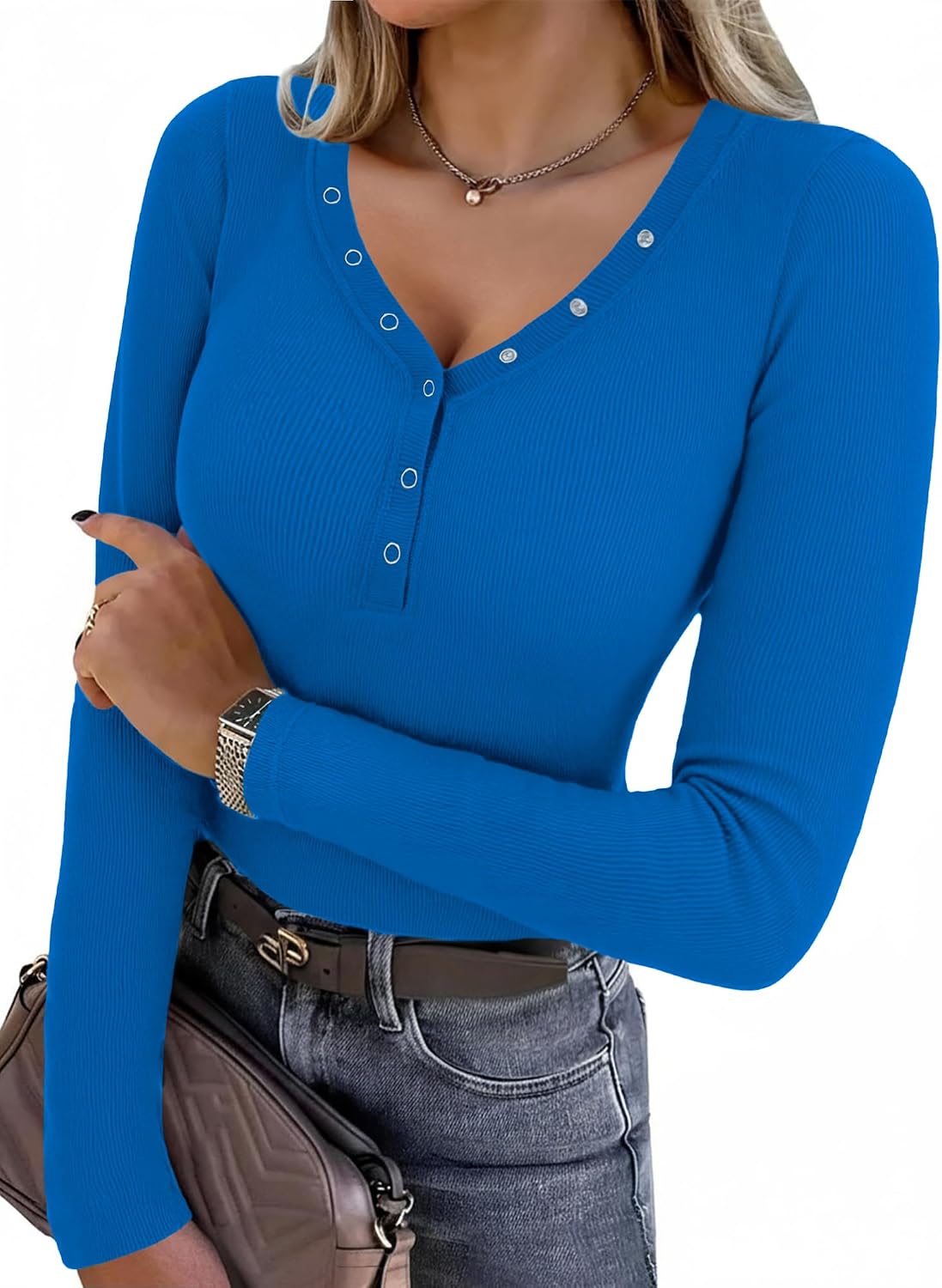 Detalle de Aottori Maglia Donna Manica Lunga Scollo V Bottoni