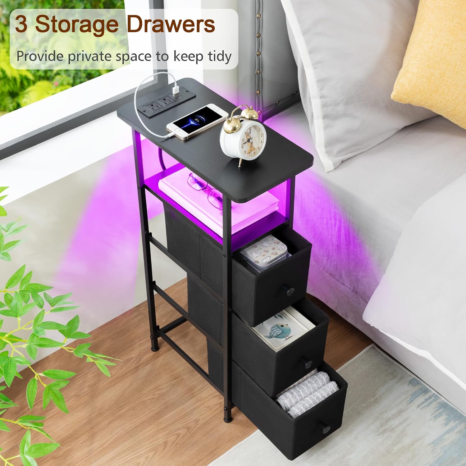 Thumbnail 6 de LOAKEKEL Narrow End Table with 3 Fabric Drawers