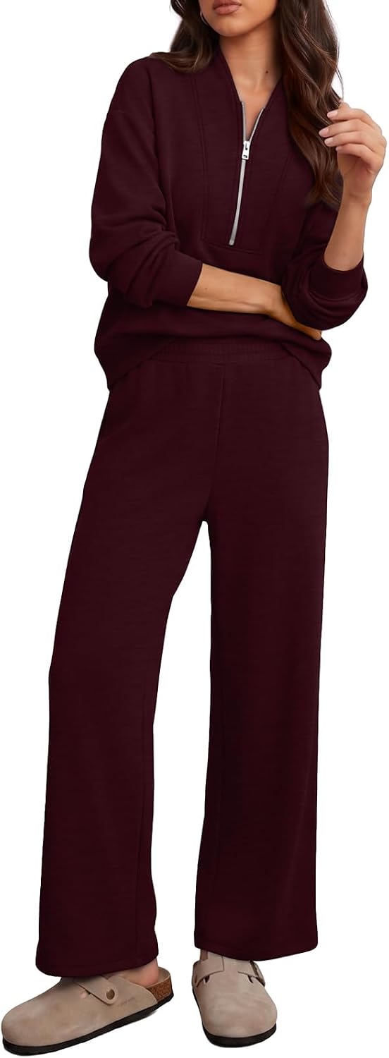 Detalle 2 de WIHOLL Women's Two-Piece Tracksuit Set with Half-Zip Top and Wide-Leg Pants