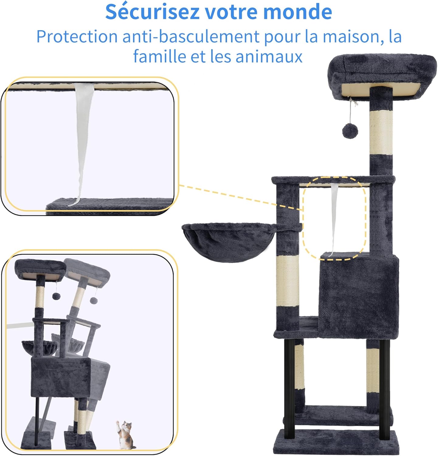 Thumbnail 6 de Heybly Arbre à chat HCT200SG gris anthracite (125 cm) avec niche, plateformes et griffoir en sisal