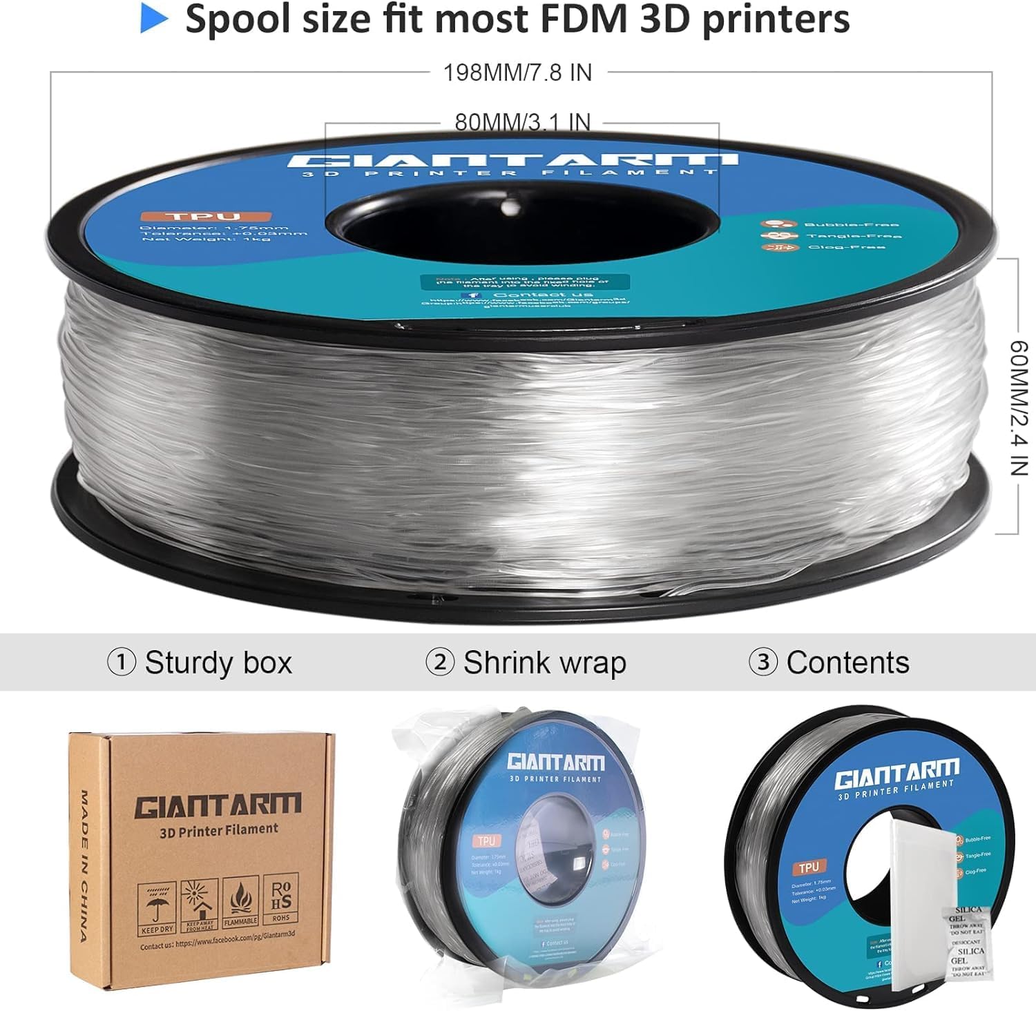 Thumbnail 5 de GIANTARM 95A TPU Flexible Filament 1.75mm, 1kg, Transparente 🧪