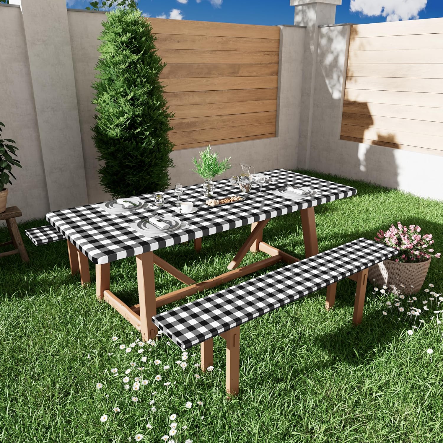 Thumbnail 6 de Smiry Picnic Table Cover with Bench Covers (Waterproof Elastic Fitted, Black & White Buffalo Plaid)