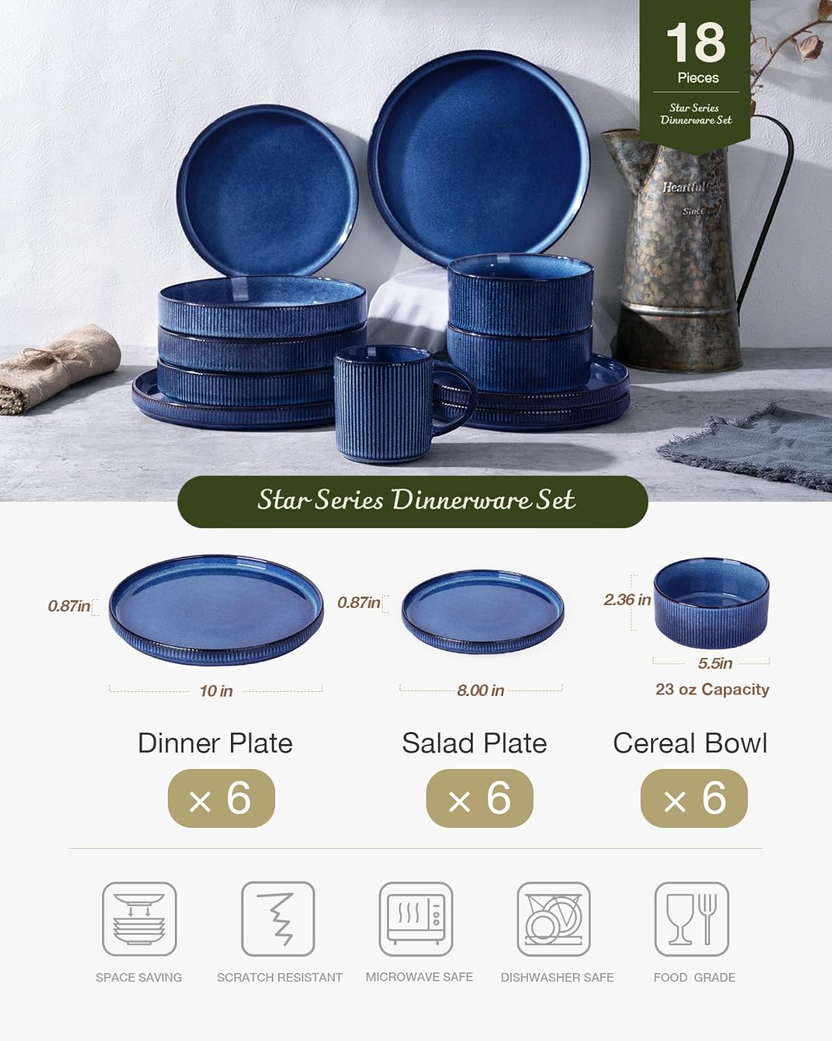 Thumbnail 2 de Famiware Star 18-Piece Reactive Glaze Dinnerware Set (Service for 6) — Nebulas Blue, Stoneware Plates & Bowls